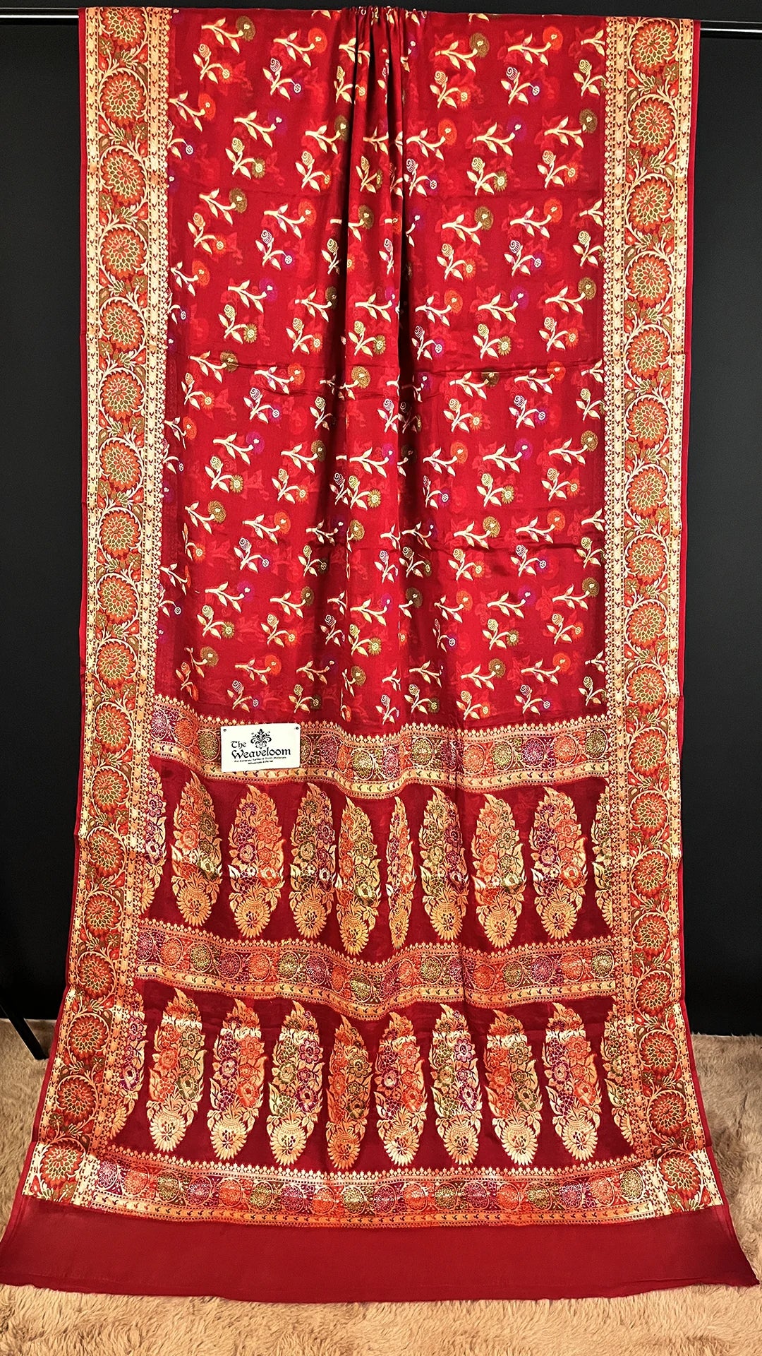 The Weaveloom Maroon Floral Meenakari Khaddi Chiffon Pure Banarasi Saree with Traditional Border and Grand Pallu