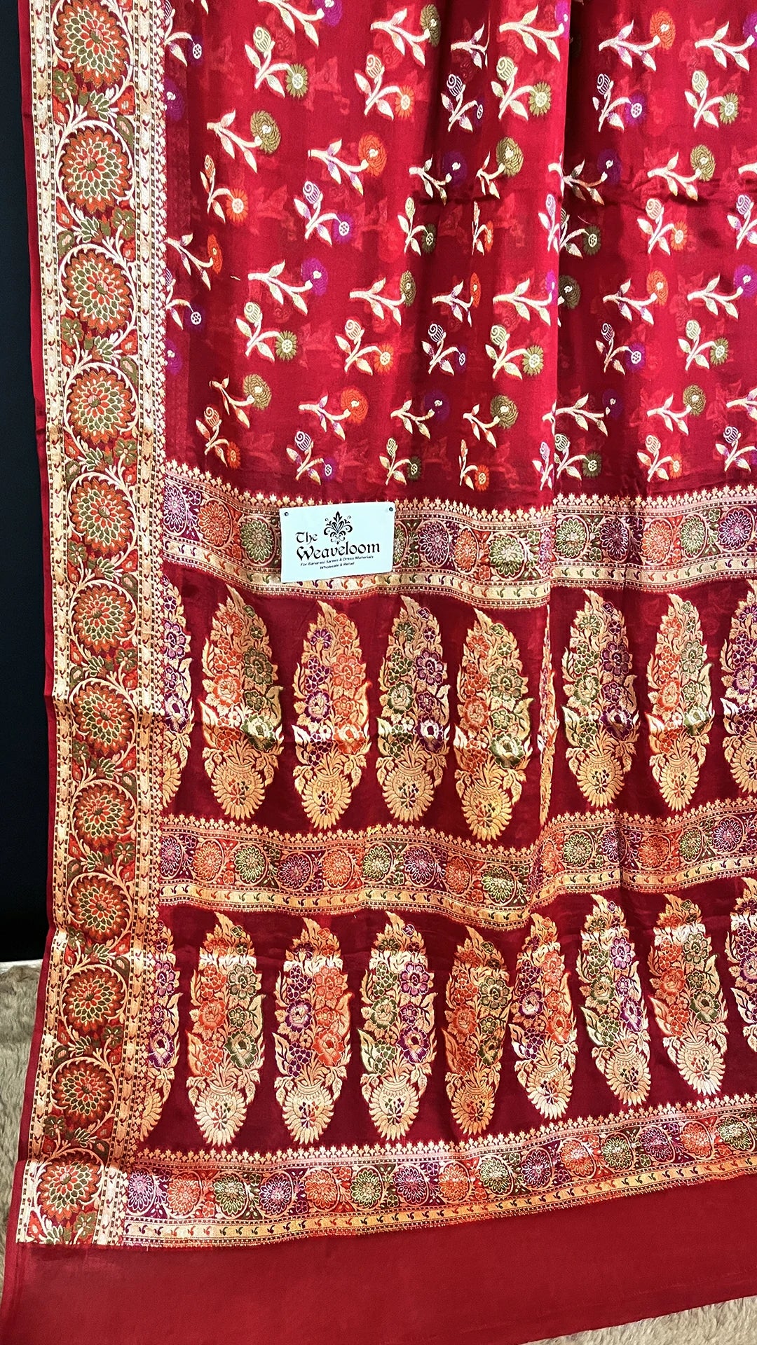 The Weaveloom Maroon Floral Meenakari Khaddi Chiffon Pure Banarasi Saree with Traditional Border and Grand Pallu
