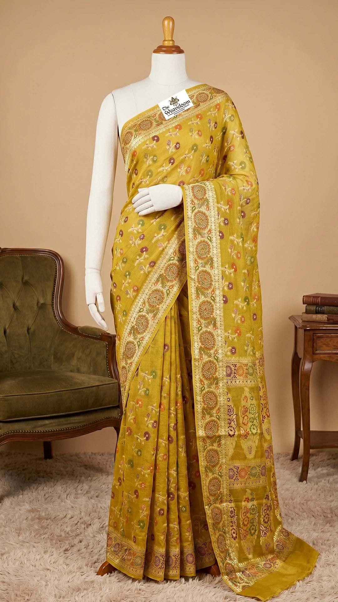 The Weaveloom Mustard Floral Meenakari Pure Khaddi Chiffon Banarasi Saree with Woven Border and Traditional Banarasi Design