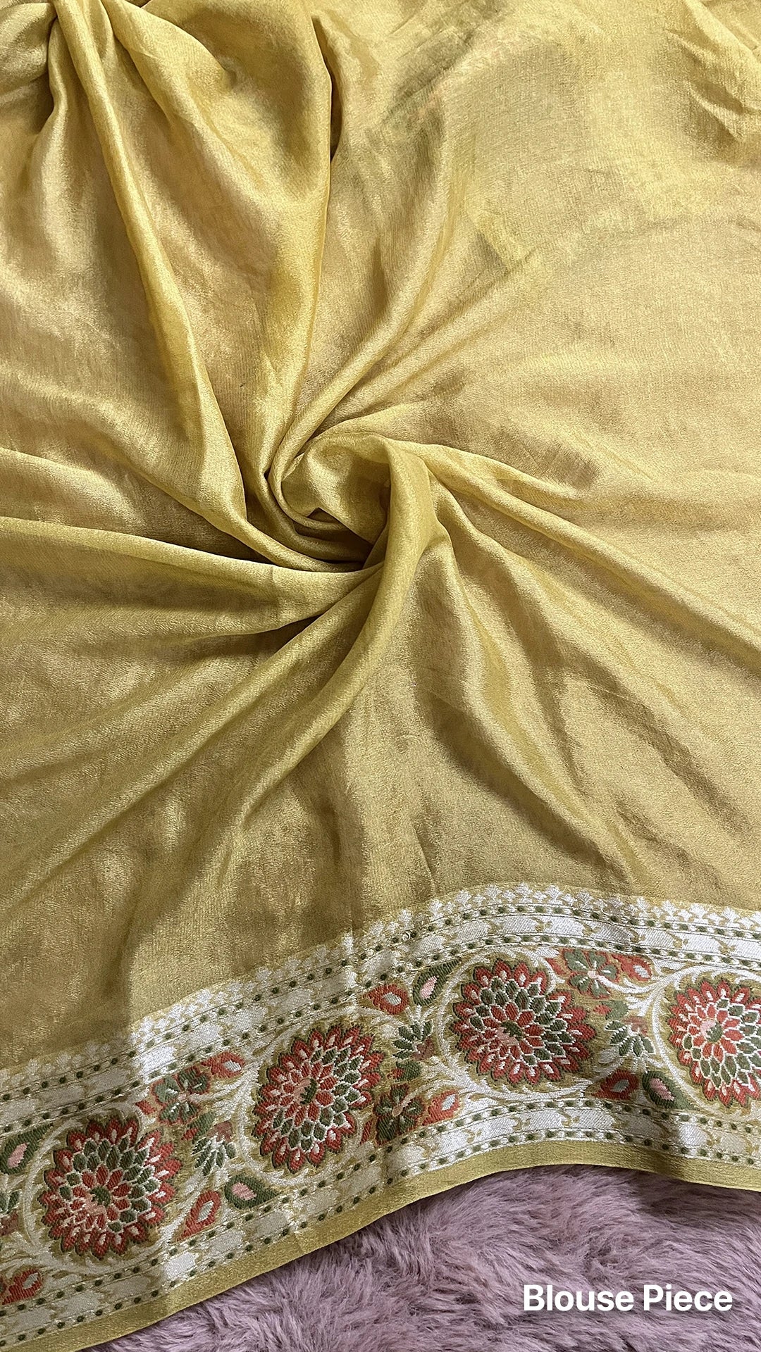 The Weaveloom Mustard Floral Meenakari Pure Khaddi Chiffon Banarasi Saree with Woven Border and Traditional Banarasi Design