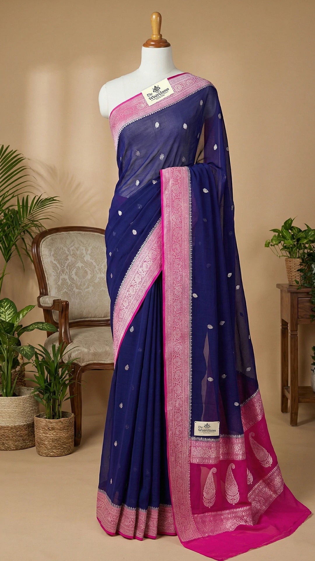 The Weaveloom Navy Blue Khaddi Georgette Pure Banarasi Saree with Silver Zari and Pink Border