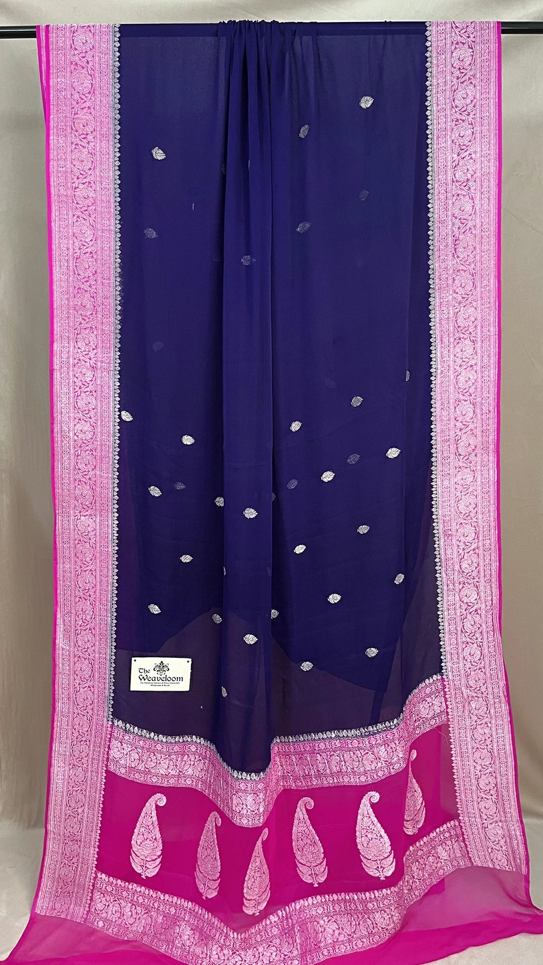The Weaveloom Navy Blue Khaddi Georgette Pure Banarasi Saree with Silver Zari and Pink Border