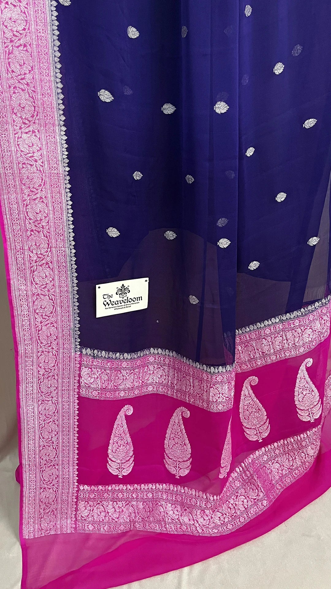 The Weaveloom Navy Blue Khaddi Georgette Pure Banarasi Saree with Silver Zari and Pink Border