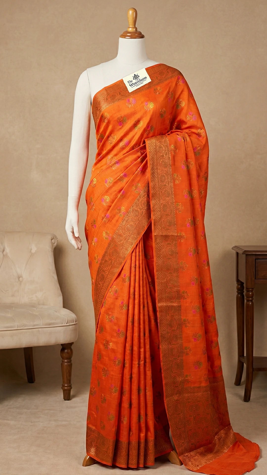 The Weaveloom Orange Floral Meenakari Pure Munga Silk Banarasi Saree with Antique Zari