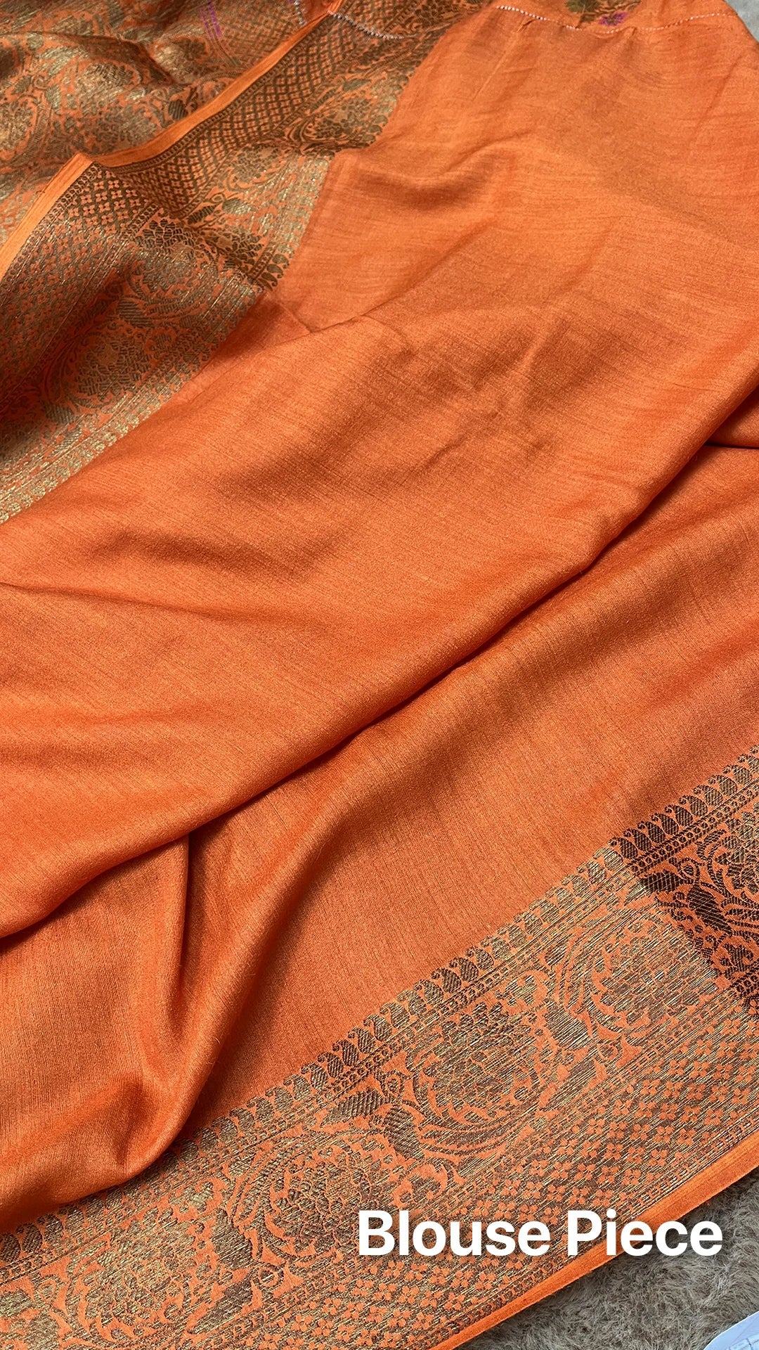 The Weaveloom Orange Floral Meenakari Pure Munga Silk Banarasi Saree with Antique Zari