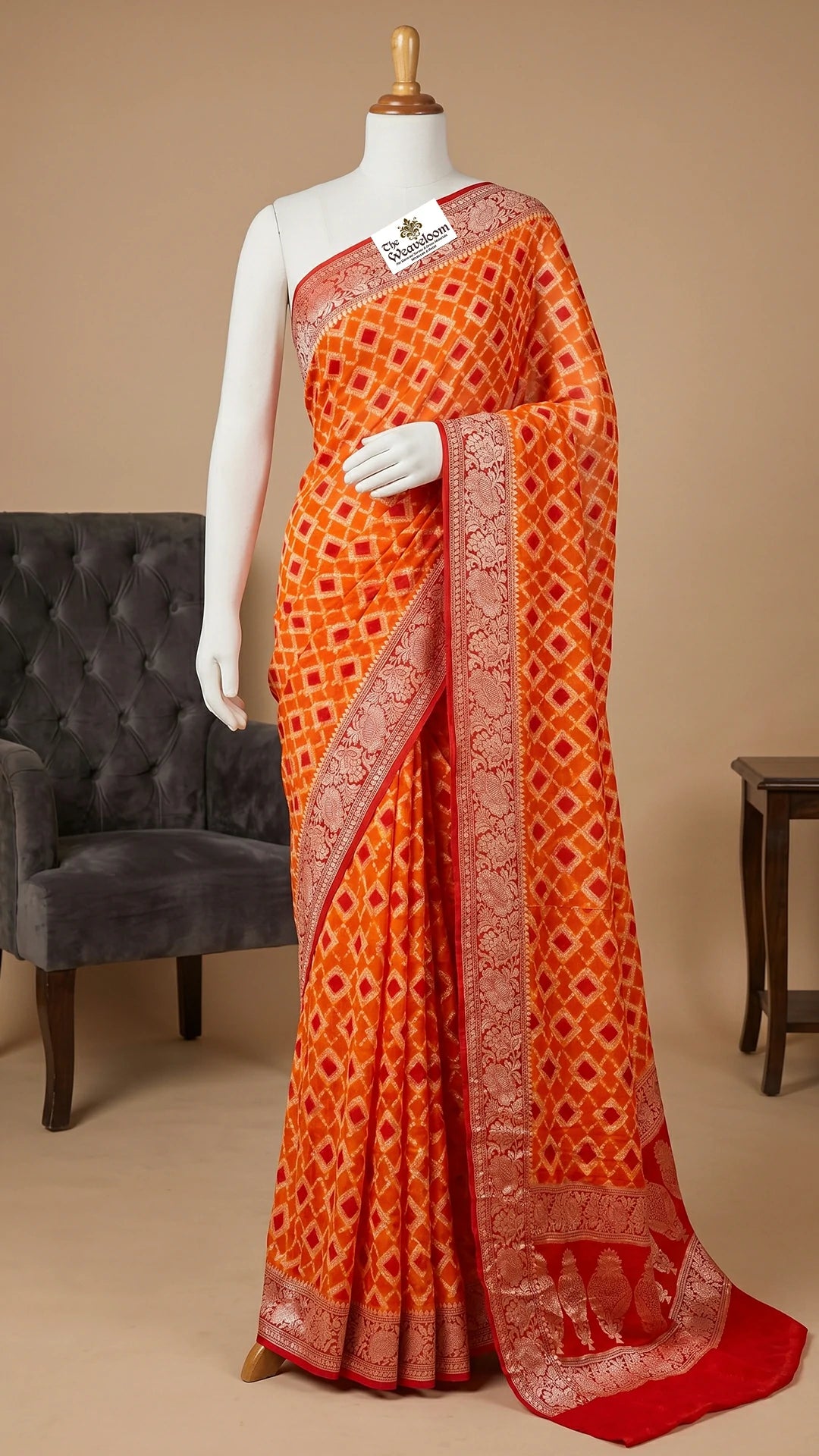 The Weaveloom Orange Rangkat Crepe Georgette Pure Banarasi Saree Multicolor Golden Zari Border Wedding Saree