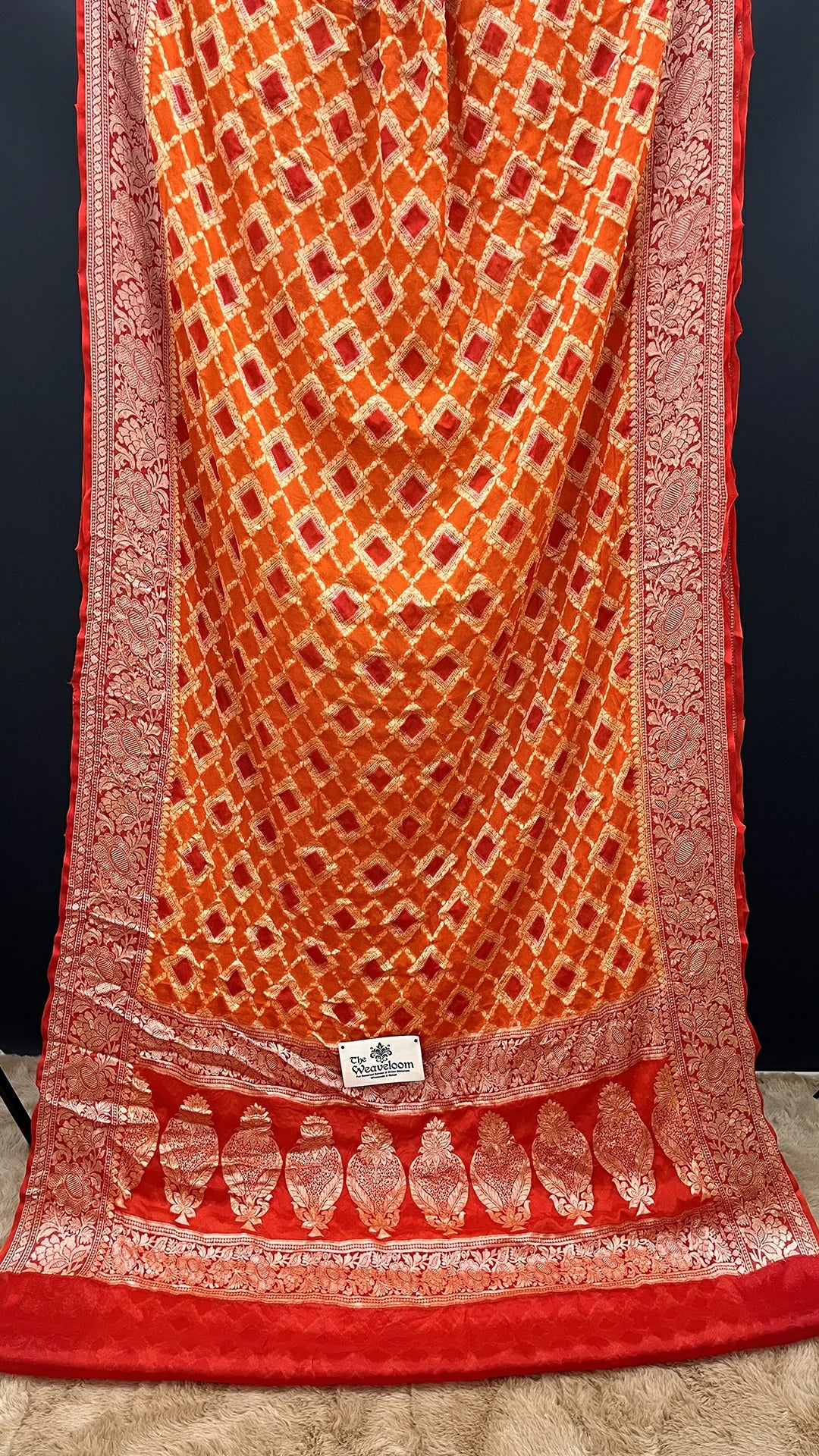 The Weaveloom Orange Rangkat Crepe Georgette Pure Banarasi Saree Multicolor Golden Zari Border Wedding Saree