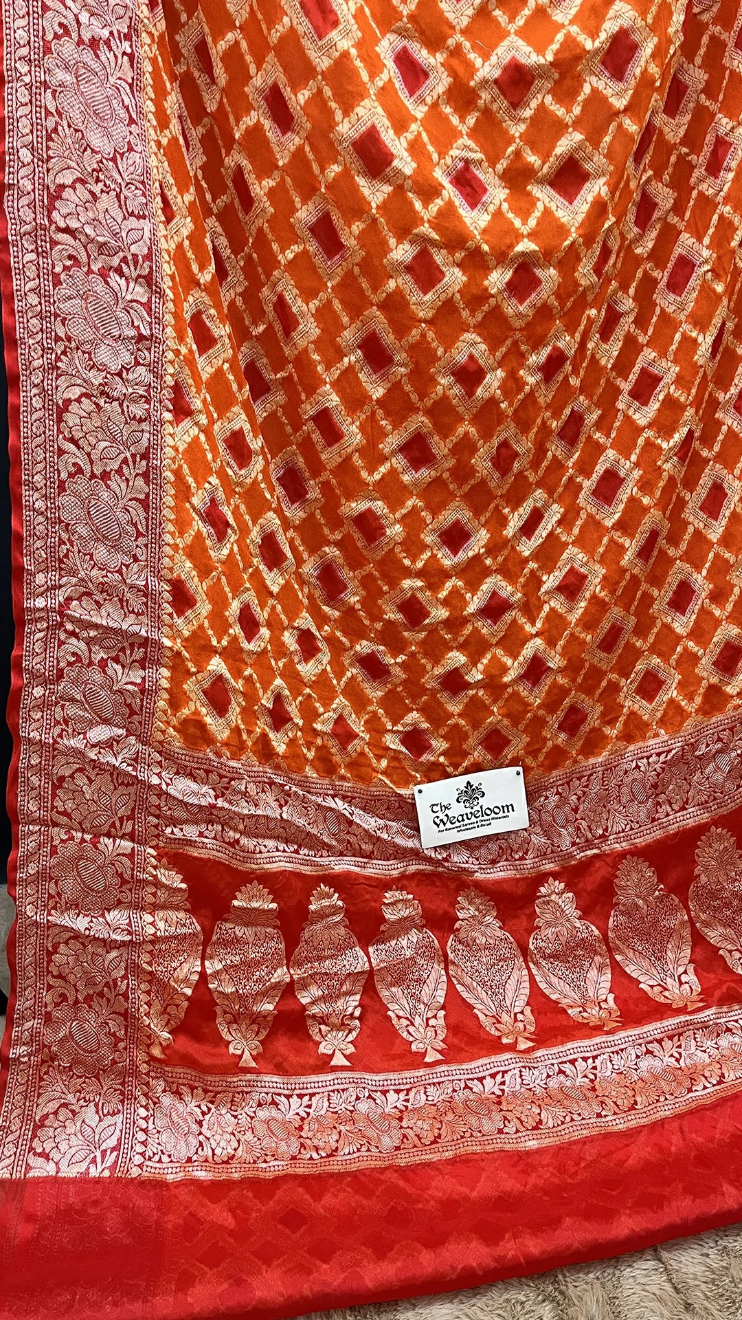 The Weaveloom Orange Rangkat Crepe Georgette Pure Banarasi Saree Multicolor Golden Zari Border Wedding Saree