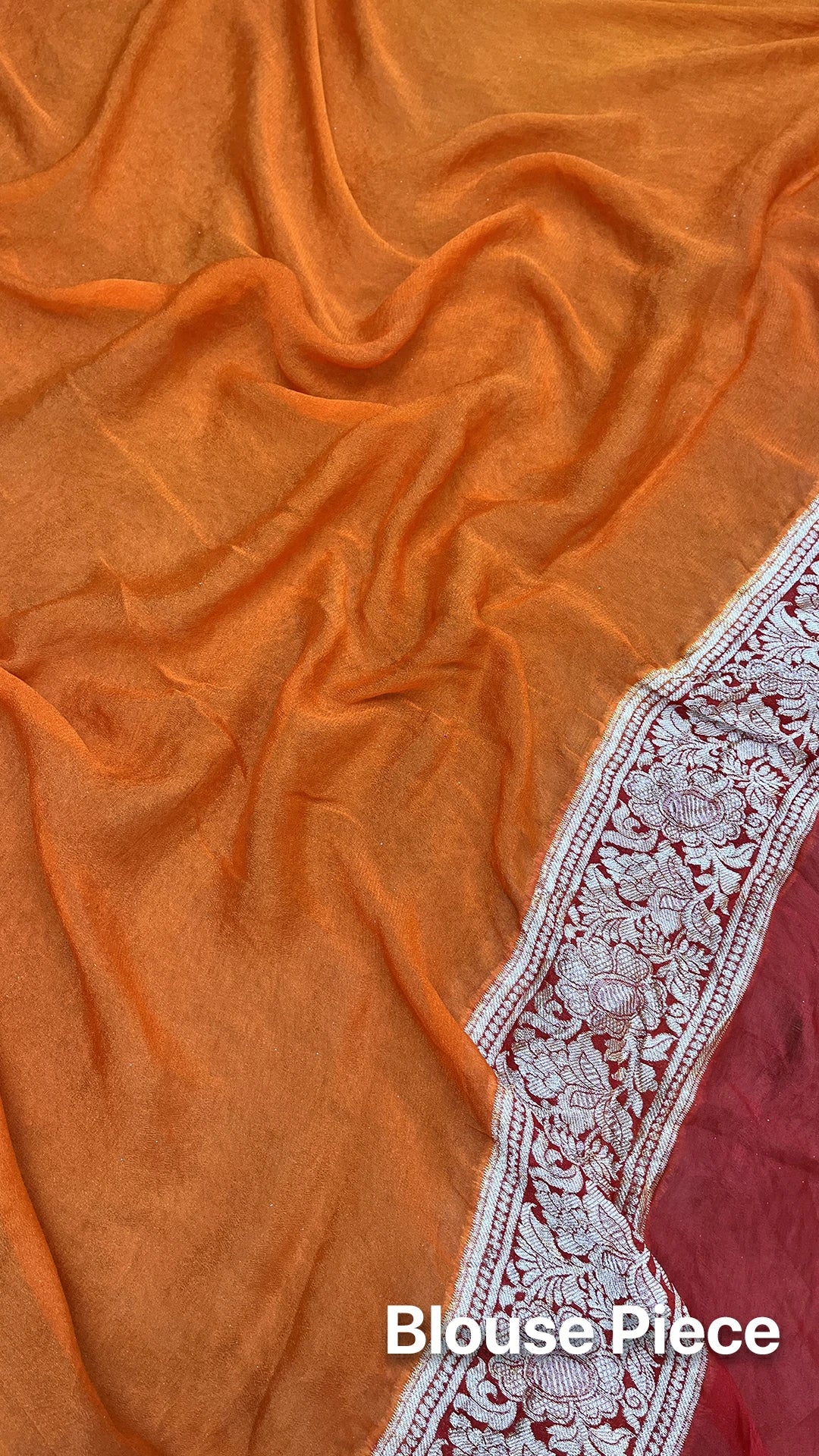 The Weaveloom Orange Rangkat Crepe Georgette Pure Banarasi Saree Multicolor Golden Zari Border Wedding Saree