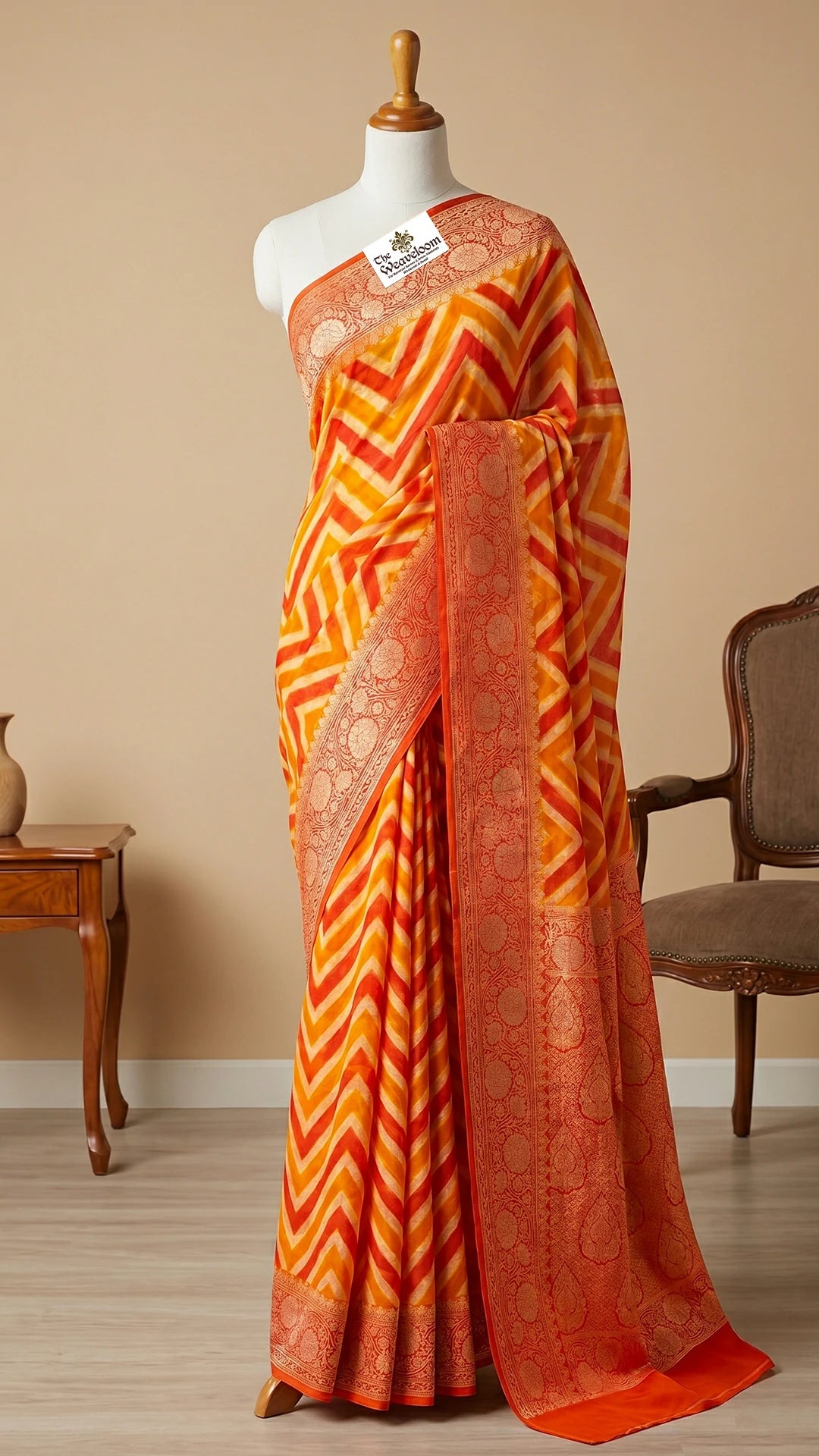 The Weaveloom Peach Orange Rangkat Zig Zag Pattern Pure Crepe Georgette Golden Zari Banarasi Saree