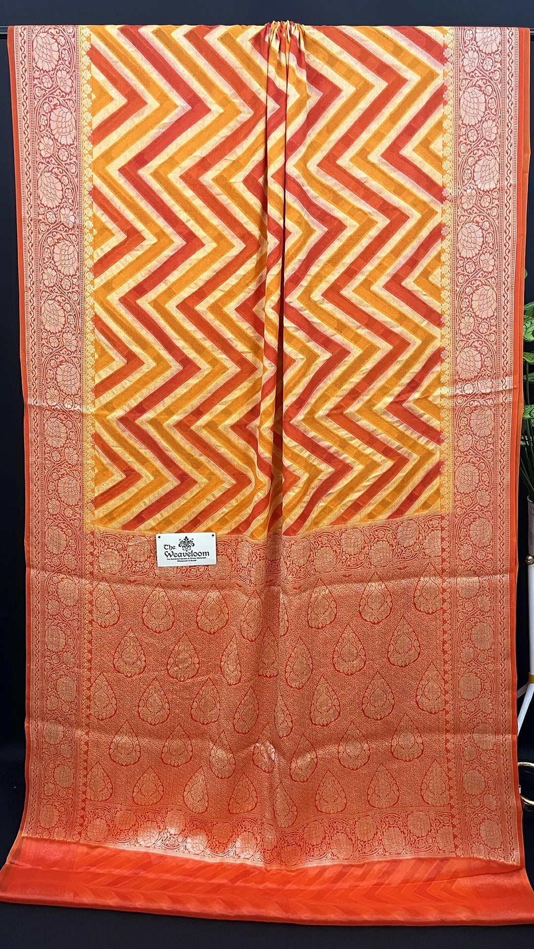 The Weaveloom Peach Orange Rangkat Zig Zag Pattern Pure Crepe Georgette Golden Zari Banarasi Saree