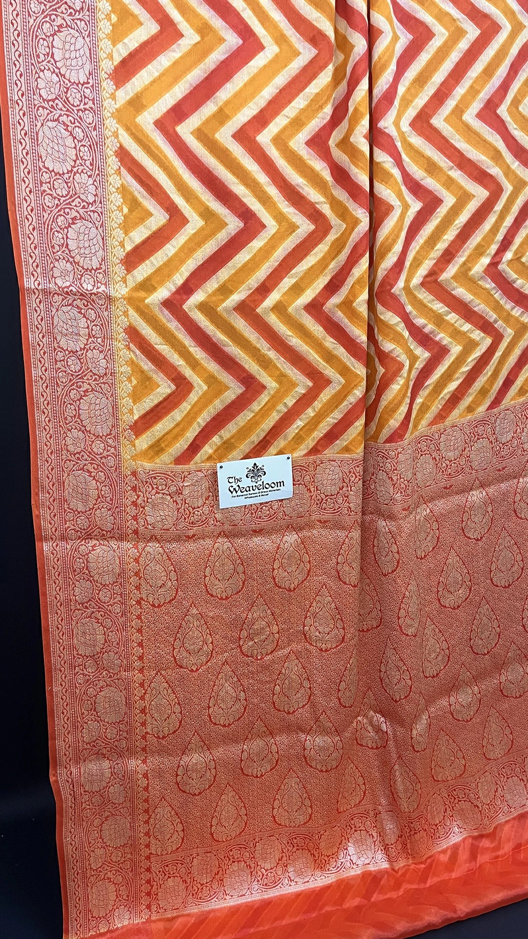The Weaveloom Peach Orange Rangkat Zig Zag Pattern Pure Crepe Georgette Golden Zari Banarasi Saree