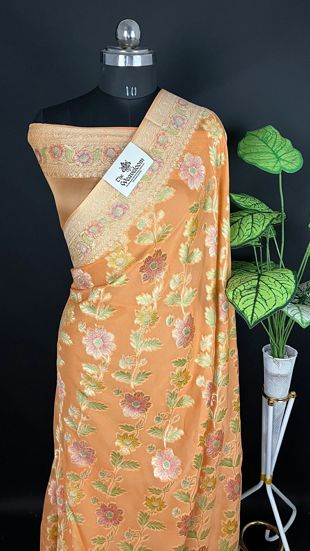 The Weaveloom Peach Pure Viscose Georgette Saree with Hand Brush Work, Golden Zari Border, Running Blouse, Colour Customization