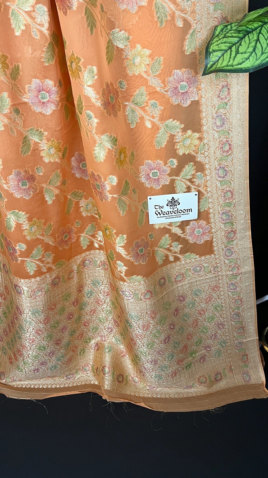The Weaveloom Peach Pure Viscose Georgette Saree with Hand Brush Work, Golden Zari Border, Running Blouse, Colour Customization
