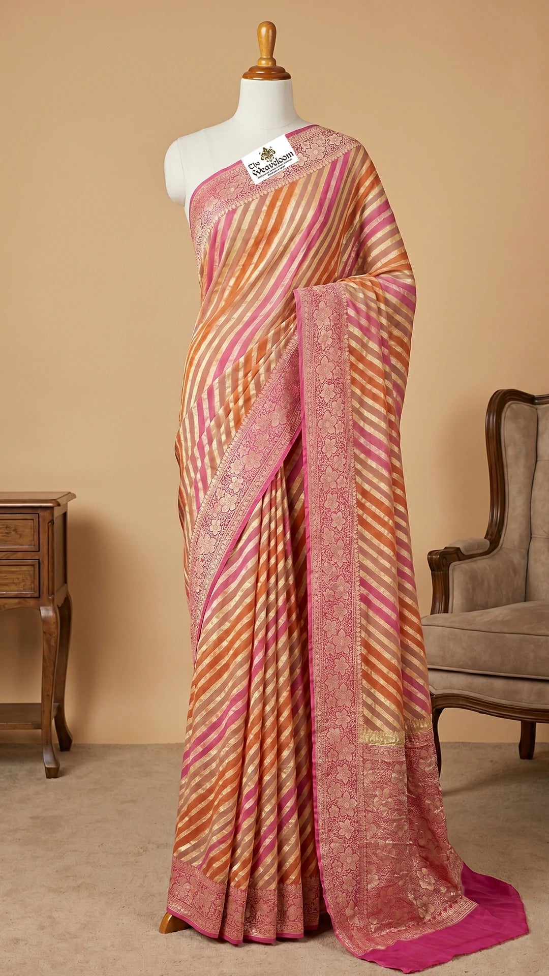 The Weaveloom Pink Beige Multicolor Rangkat Tussar Crepe Georgette Pure Banarasi Saree With Golden Zari Floral Border
