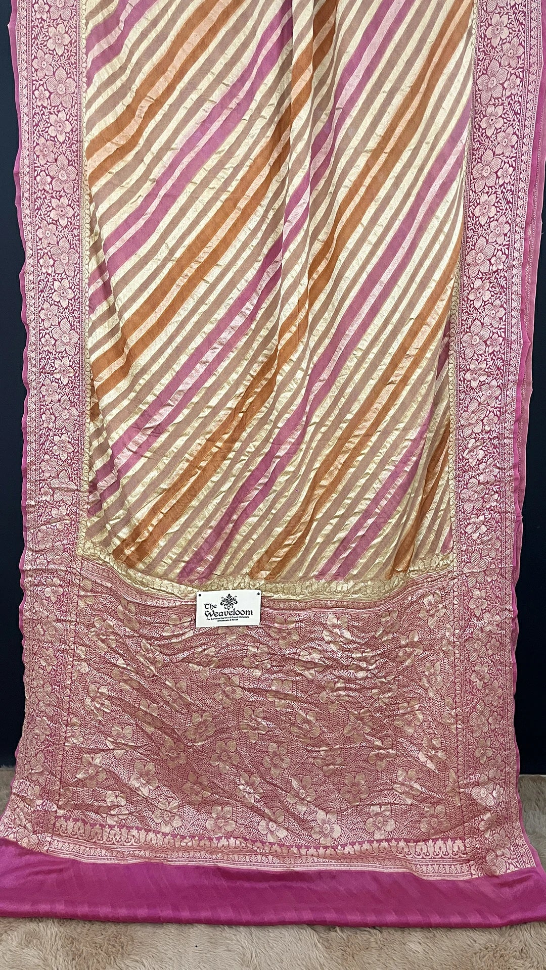 The Weaveloom Pink Beige Multicolor Rangkat Tussar Crepe Georgette Pure Banarasi Saree With Golden Zari Floral Border