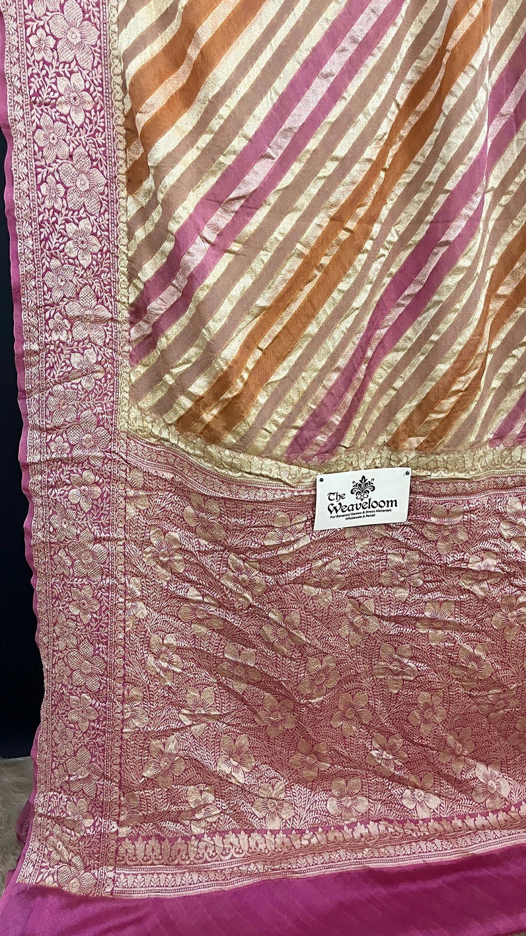 The Weaveloom Pink Beige Multicolor Rangkat Tussar Crepe Georgette Pure Banarasi Saree With Golden Zari Floral Border