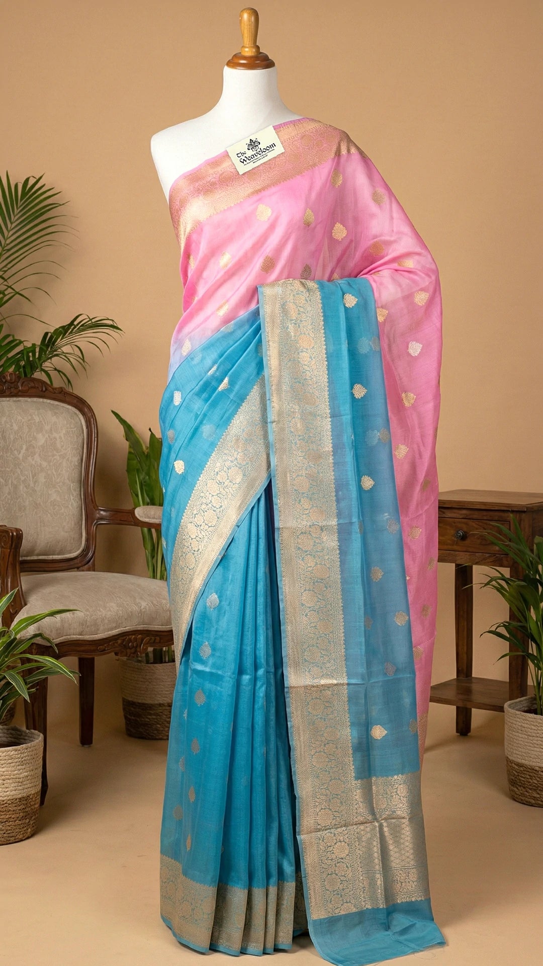 The Weaveloom Pink and Firozi Dual-Tone Kora Silk Pure Handloom Banarasi Saree with Zari Motifs