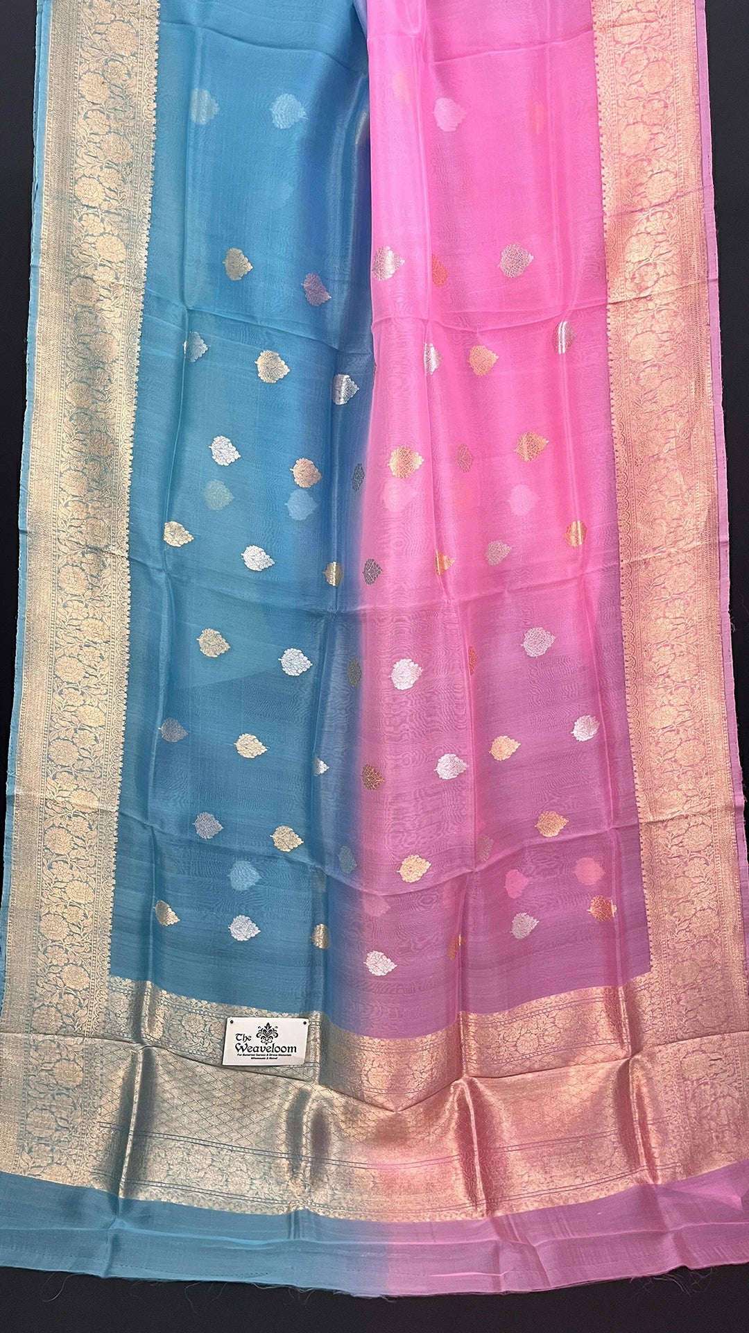 The Weaveloom Pink and Firozi Dual-Tone Kora Silk Pure Handloom Banarasi Saree with Zari Motifs