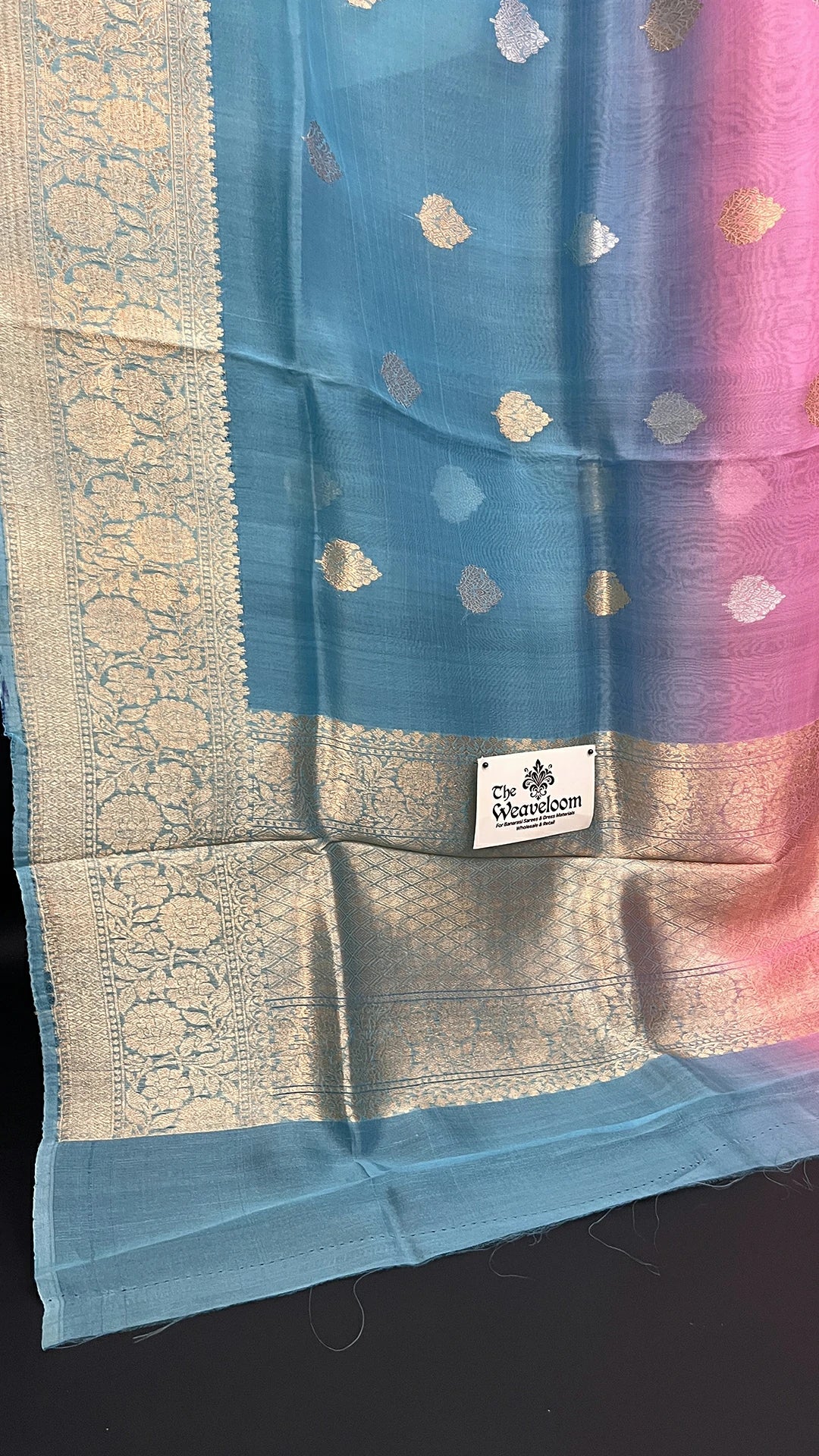 The Weaveloom Pink and Firozi Dual-Tone Kora Silk Pure Handloom Banarasi Saree with Zari Motifs