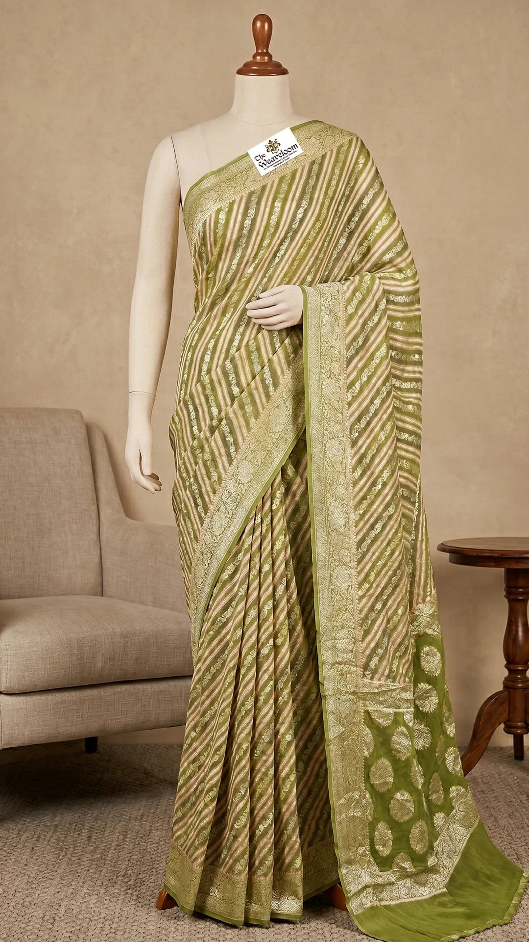 The Weaveloom Pista Multicolor Rangkat Floral Zari Crepe Georgette Pure Banarasi Saree