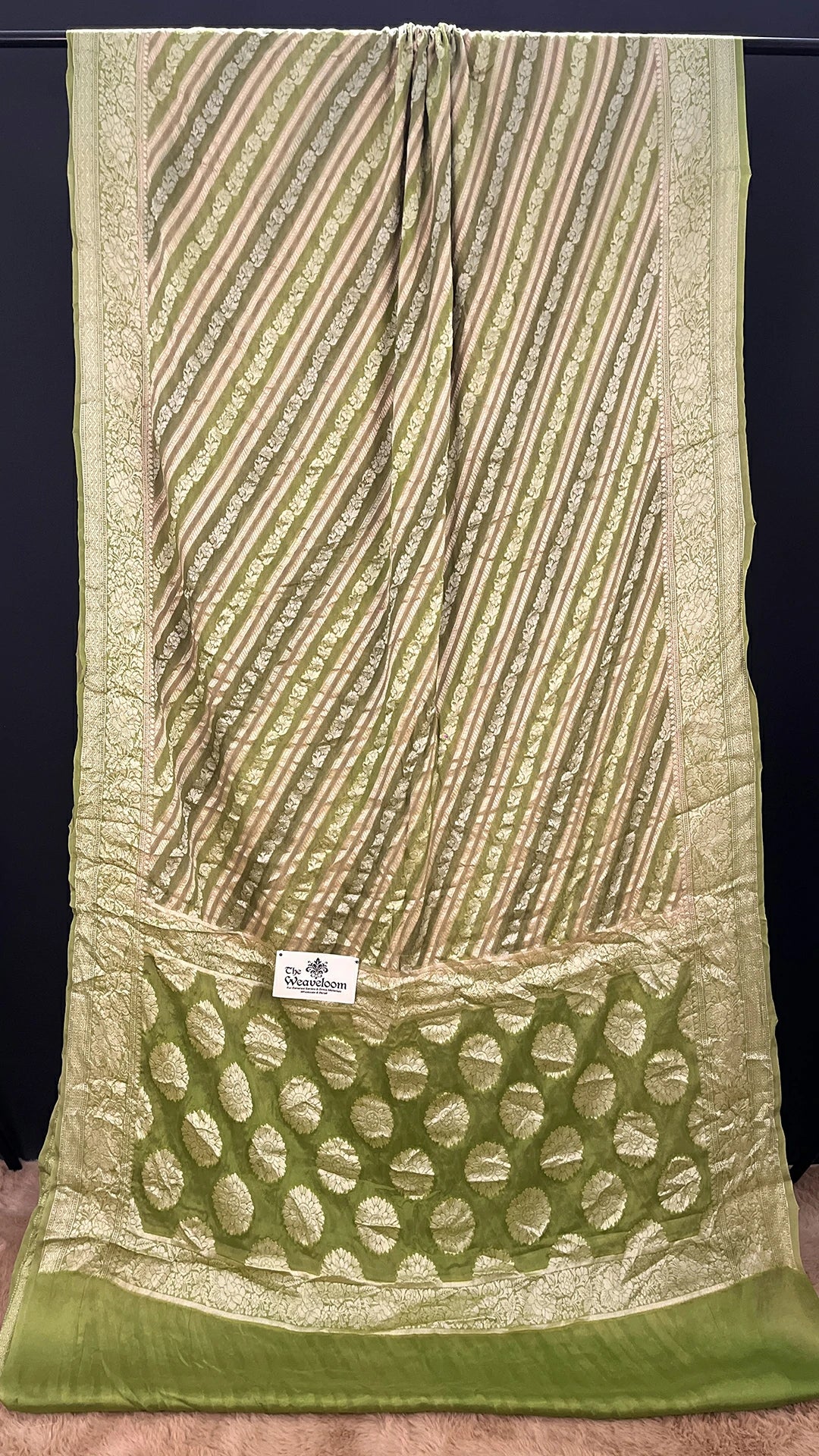 The Weaveloom Pista Multicolor Rangkat Floral Zari Crepe Georgette Pure Banarasi Saree