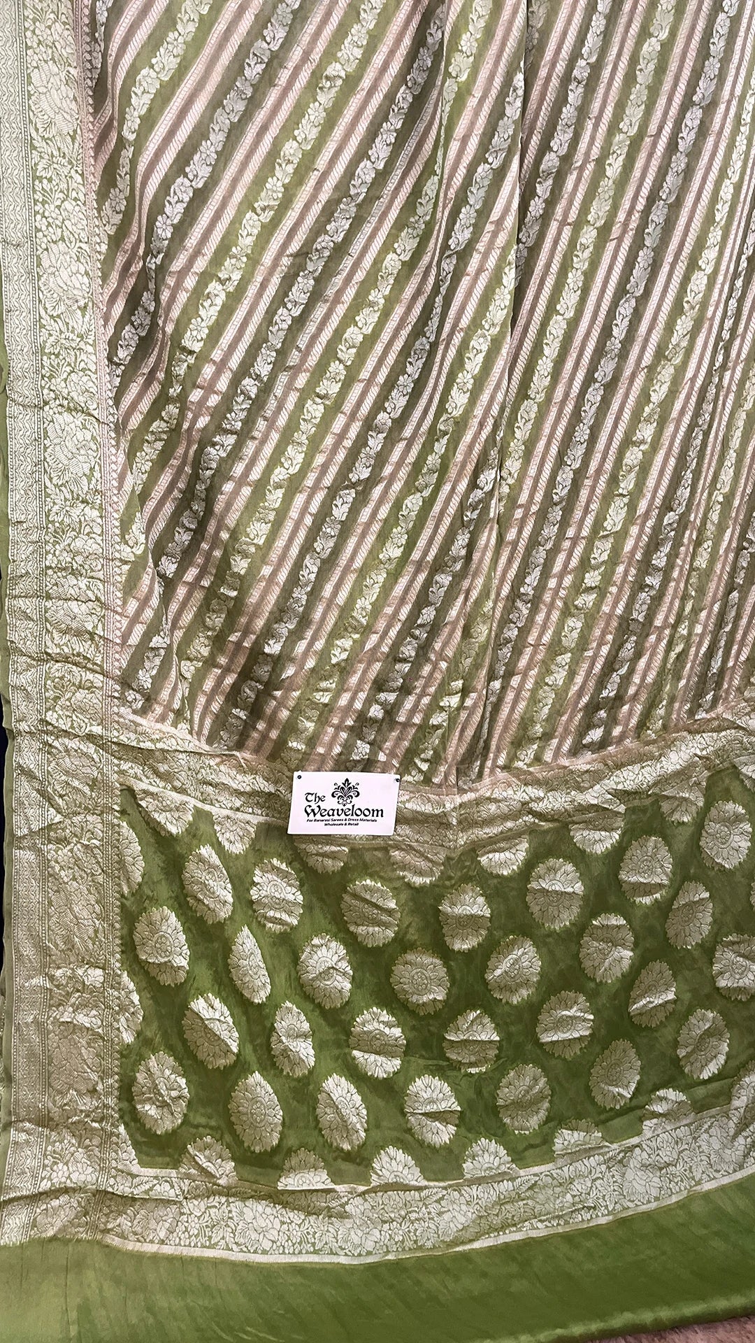 The Weaveloom Pista Multicolor Rangkat Floral Zari Crepe Georgette Pure Banarasi Saree