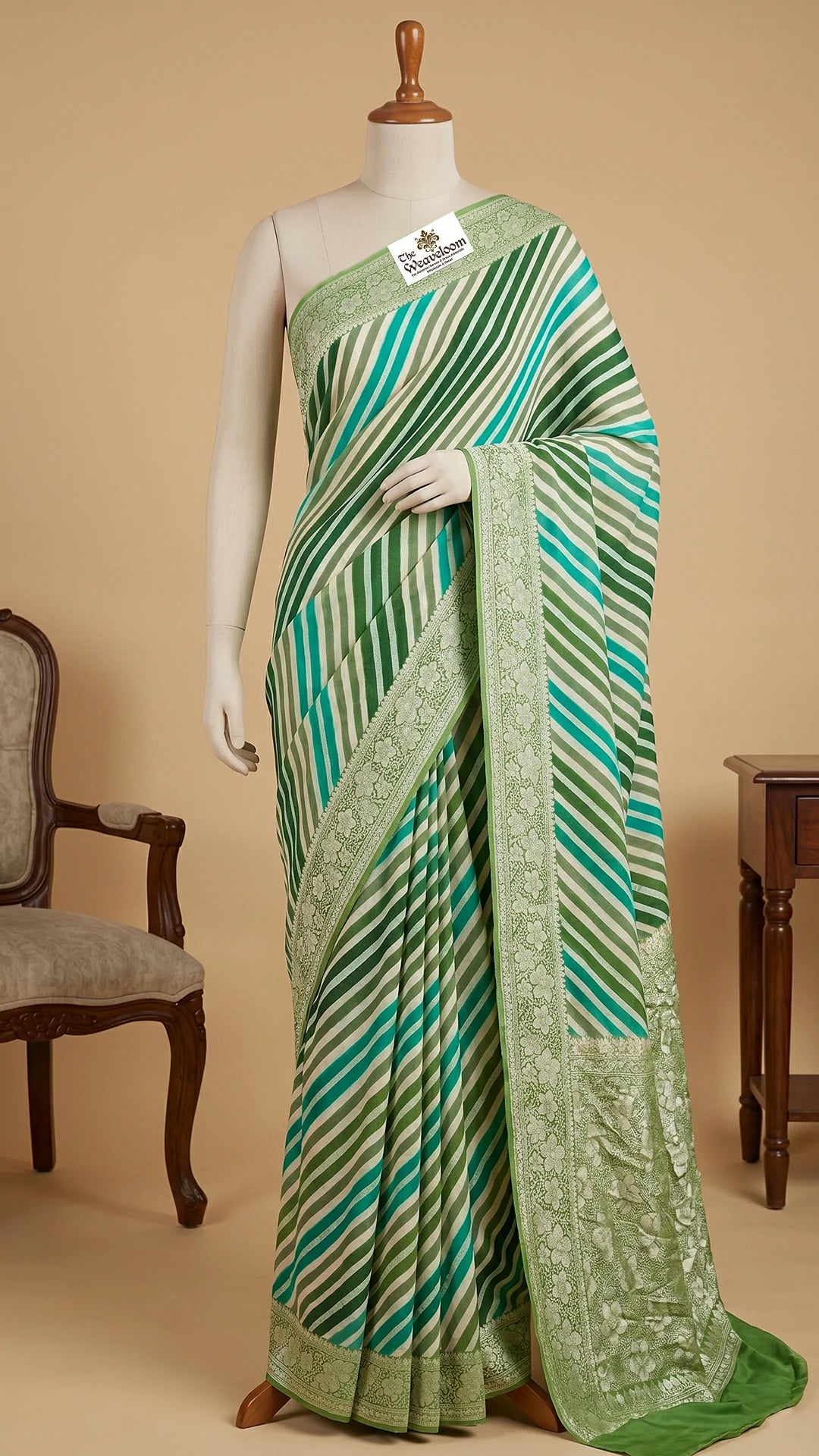 The Weaveloom Pista Rangkat Crepe Georgette Multicolor Pure Banarasi Saree With Golden Zari Floral Border