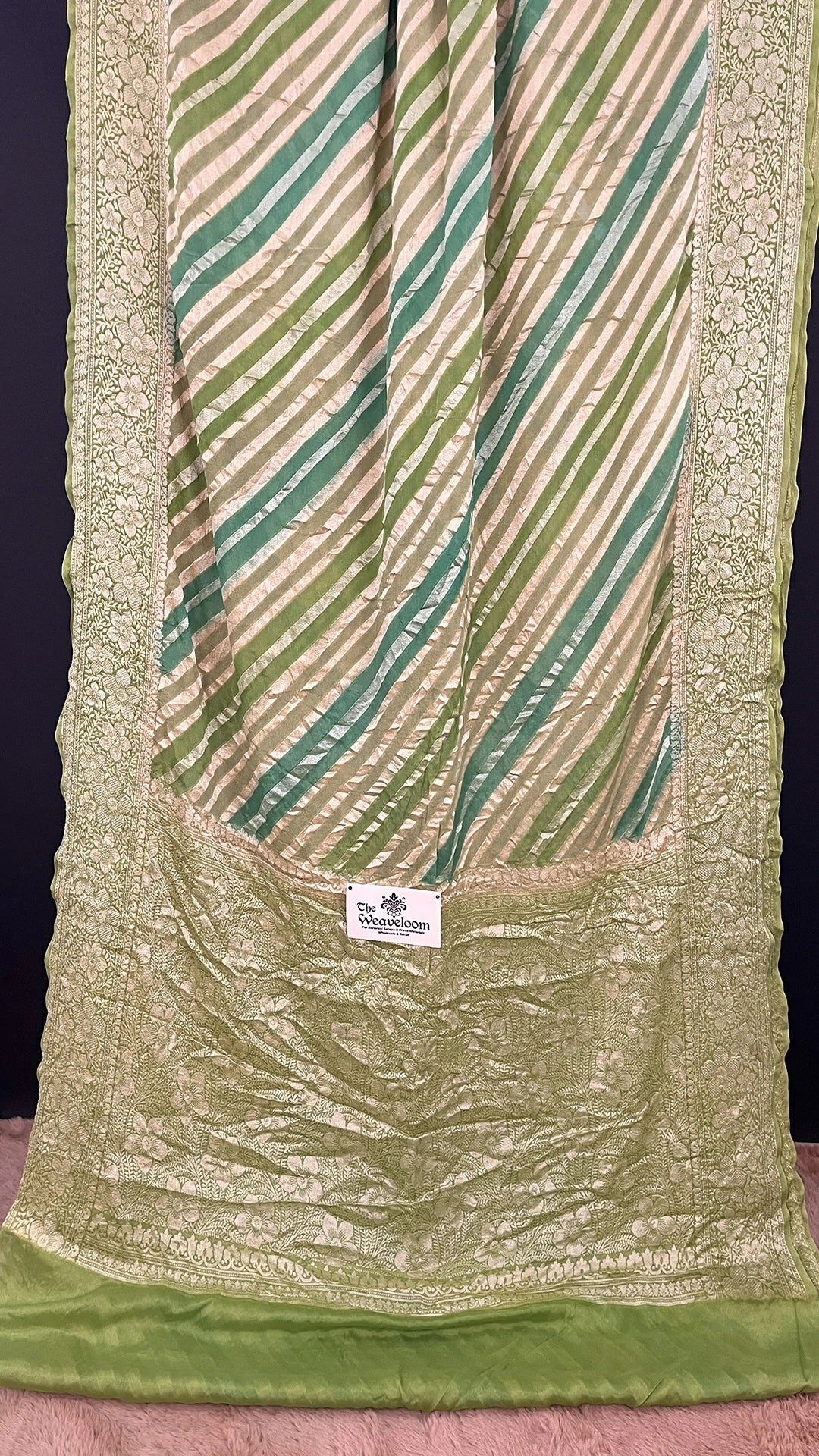 The Weaveloom Pista Rangkat Crepe Georgette Multicolor Pure Banarasi Saree With Golden Zari Floral Border