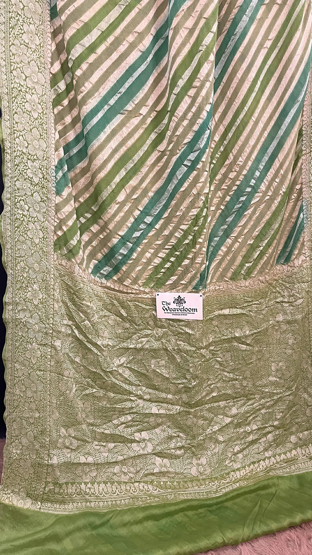 The Weaveloom Pista Rangkat Crepe Georgette Multicolor Pure Banarasi Saree With Golden Zari Floral Border