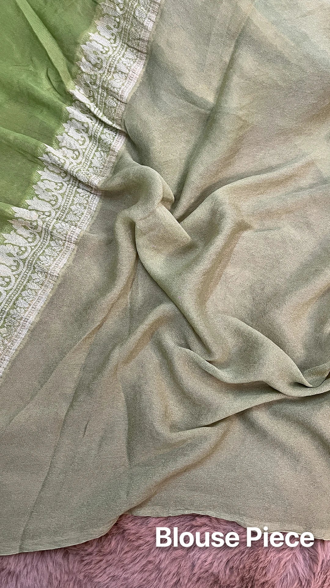 The Weaveloom Pista Rangkat Crepe Georgette Multicolor Pure Banarasi Saree With Golden Zari Floral Border