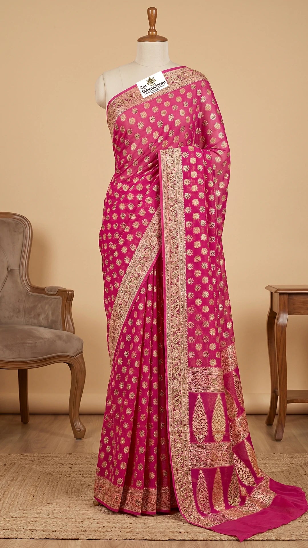 The Weaveloom Rani Pink Floral Buti Khaddi Chiffon Pure Banarasi Saree with Meenakari Border