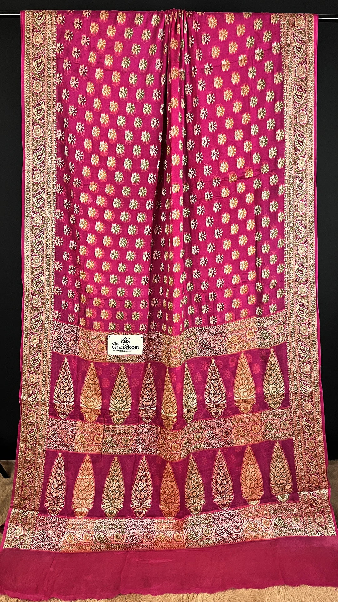 The Weaveloom Rani Pink Floral Buti Khaddi Chiffon Pure Banarasi Saree with Meenakari Border