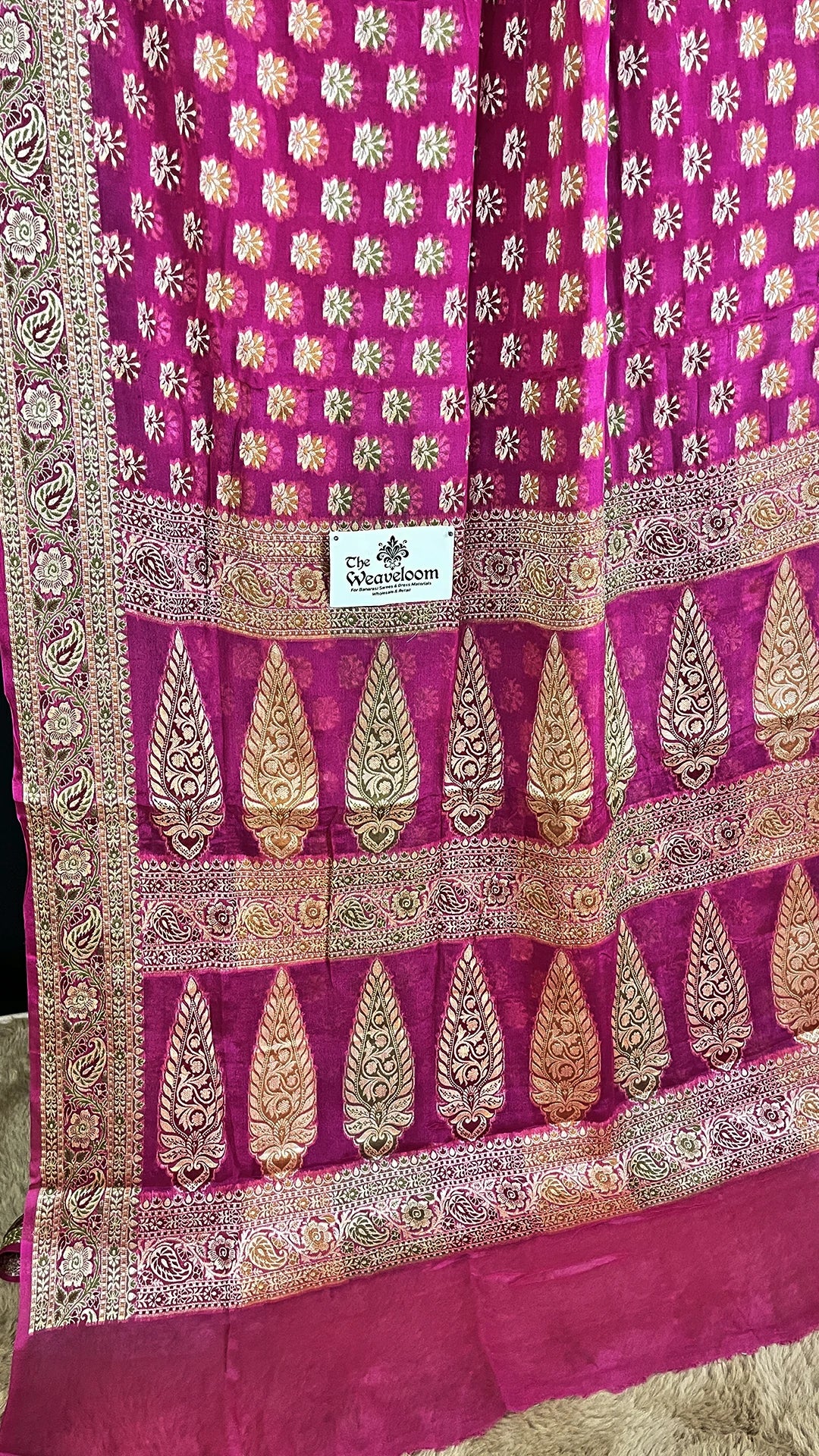 The Weaveloom Rani Pink Floral Buti Khaddi Chiffon Pure Banarasi Saree with Meenakari Border