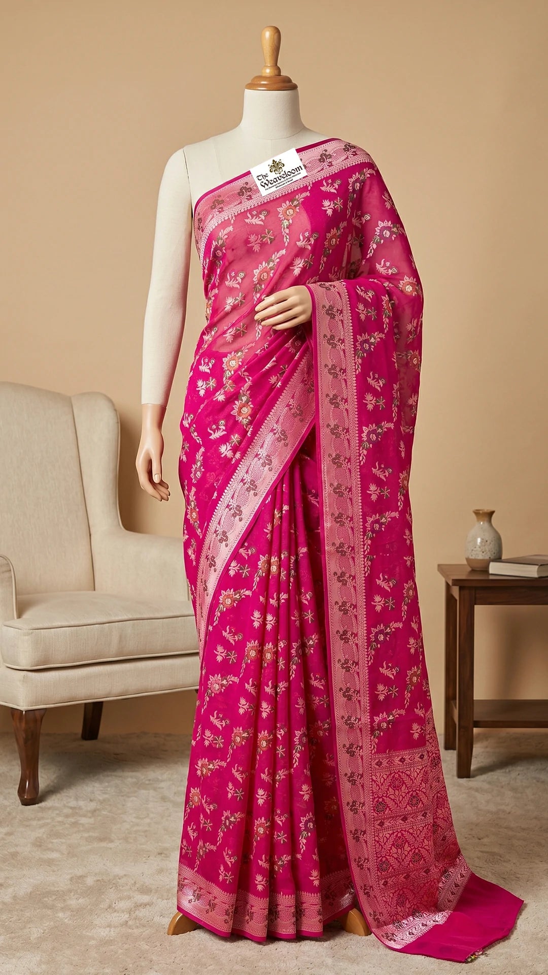 The Weaveloom Rani Pink Floral Meenakari Pure Khaddi Chiffon Banarasi Saree