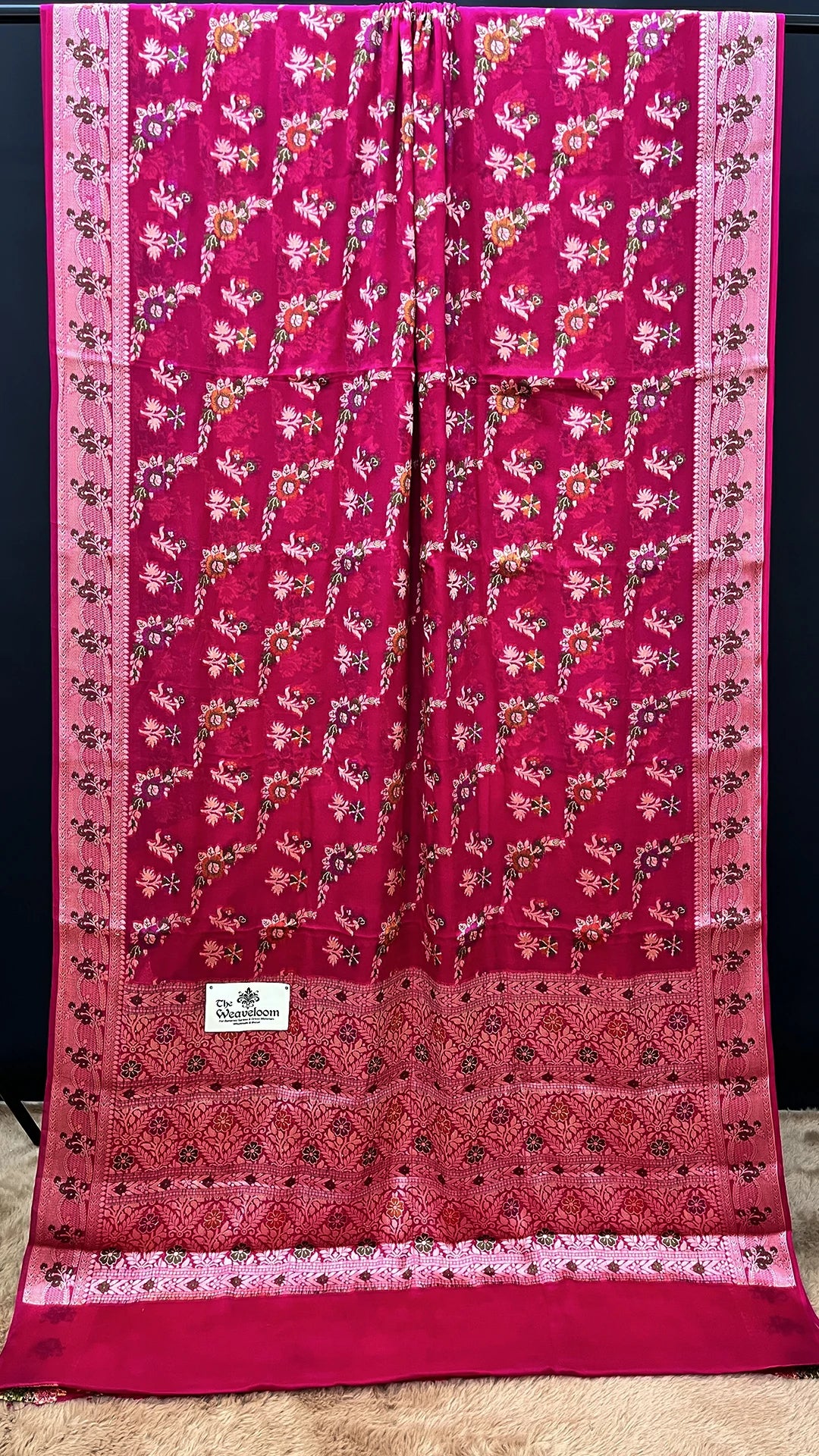 The Weaveloom Rani Pink Floral Meenakari Pure Khaddi Chiffon Banarasi Saree