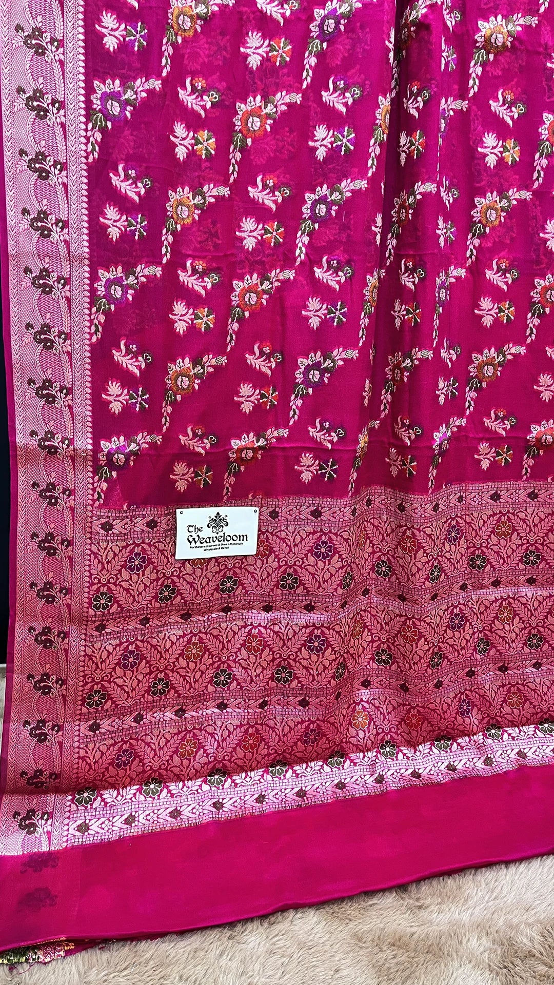 The Weaveloom Rani Pink Floral Meenakari Pure Khaddi Chiffon Banarasi Saree