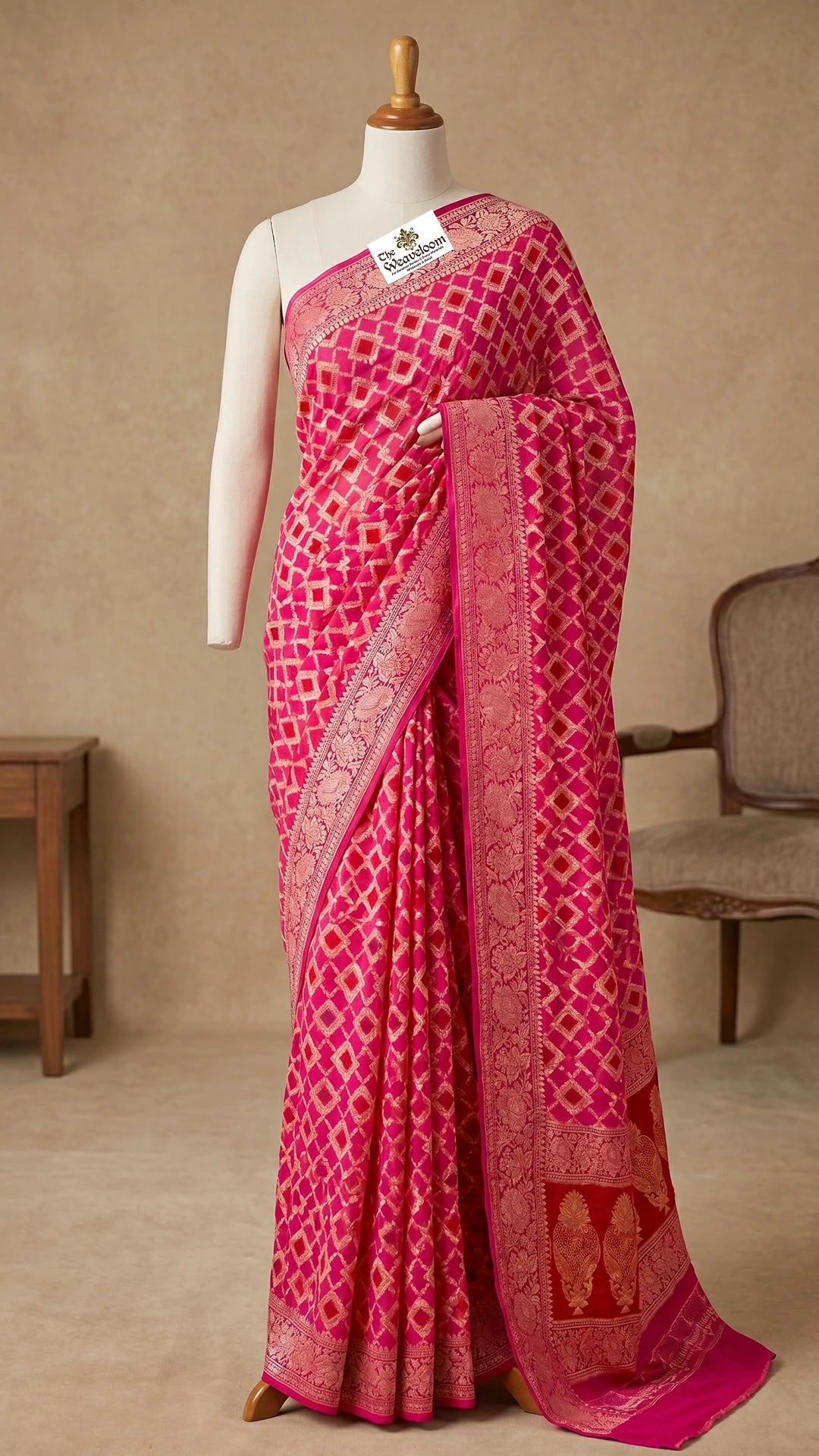 The Weaveloom Rani Pink Rangkat Jaal Pattern Pure Crepe Georgette Banarasi Saree with Golden Zari