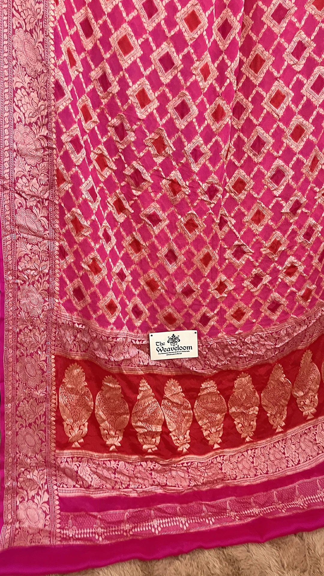 The Weaveloom Rani Pink Rangkat Jaal Pattern Pure Crepe Georgette Banarasi Saree with Golden Zari