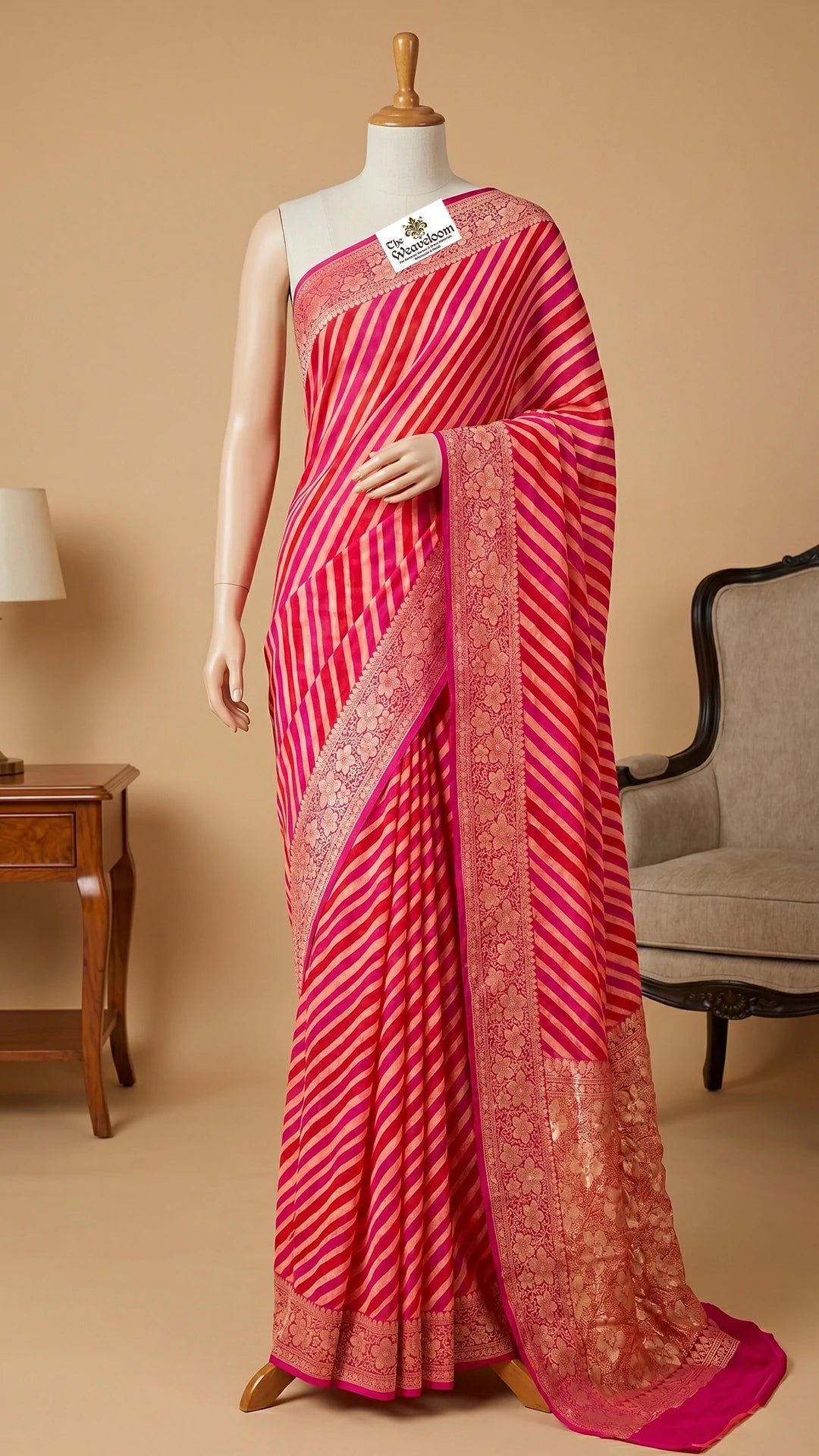 The Weaveloom Rani Pink Rangkat Stripe Crepe Georgette Pure Banarasi Saree With Golden Zari Floral Border