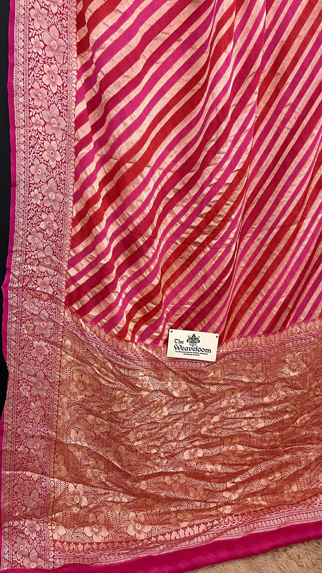 The Weaveloom Rani Pink Rangkat Stripe Crepe Georgette Pure Banarasi Saree With Golden Zari Floral Border
