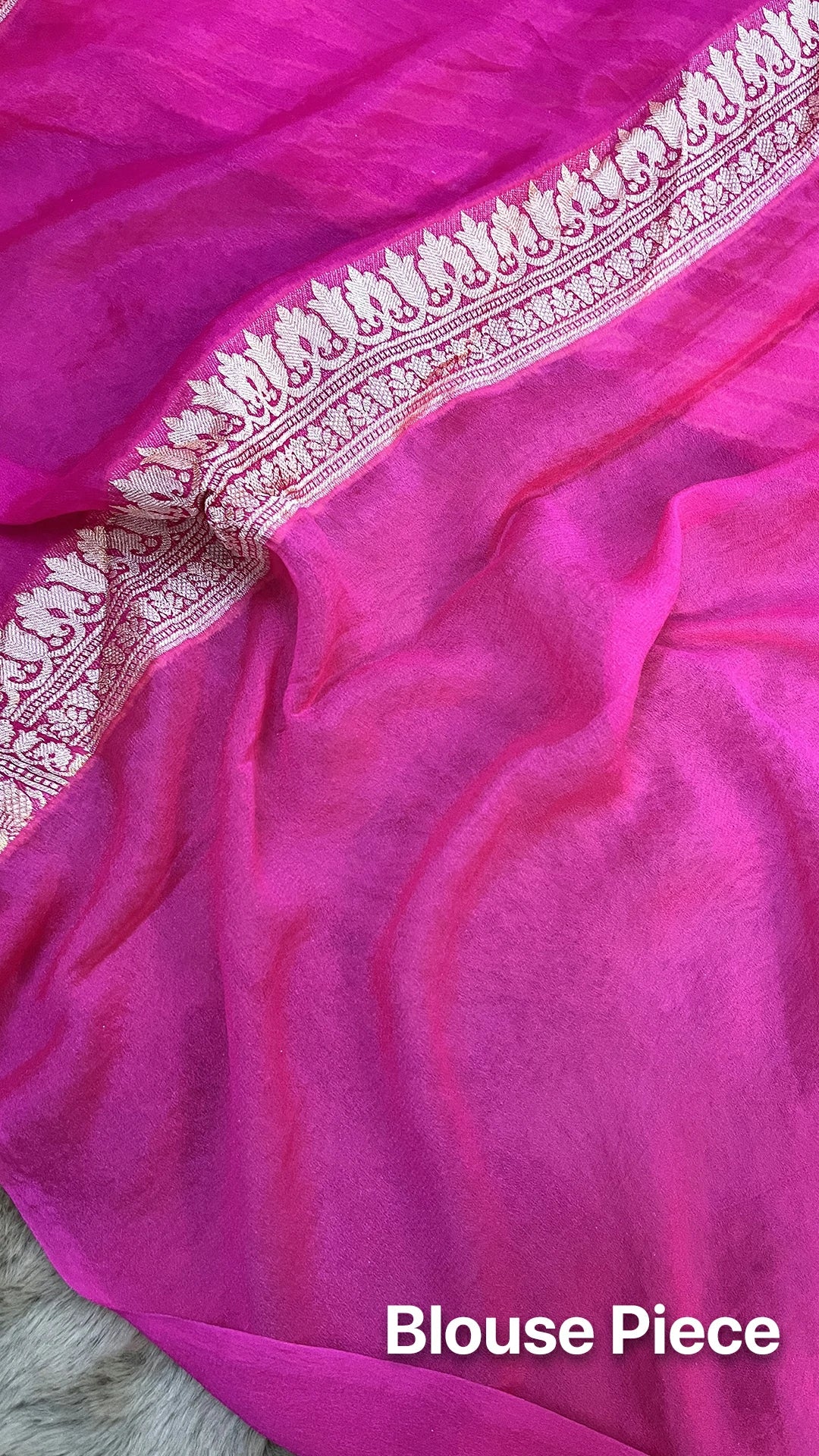 The Weaveloom Rani Pink Rangkat Stripe Crepe Georgette Pure Banarasi Saree With Golden Zari Floral Border