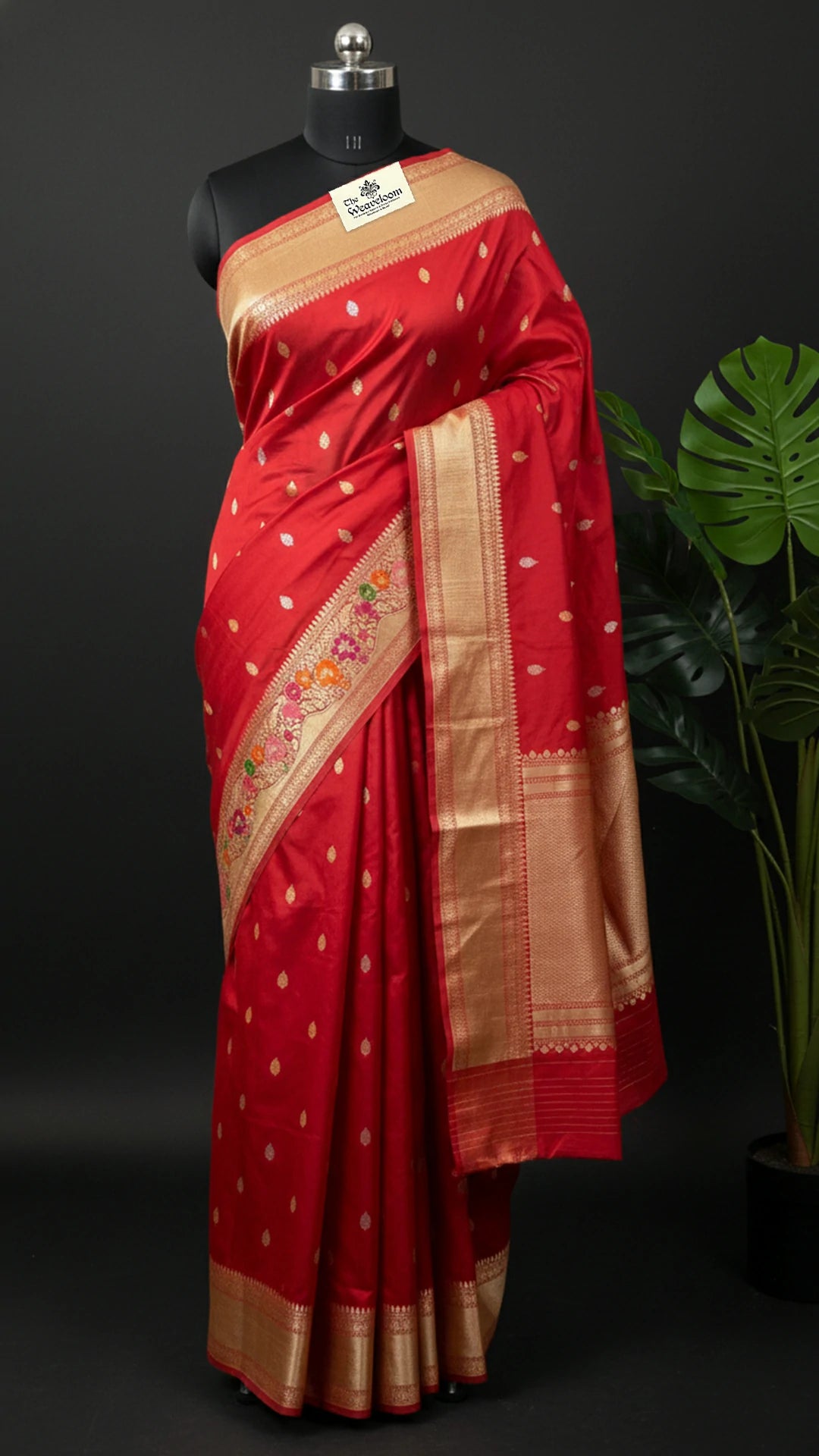 The Weaveloom red pure katan silk handloom Banarasi saree with meenakari border and sona rupa zari buti