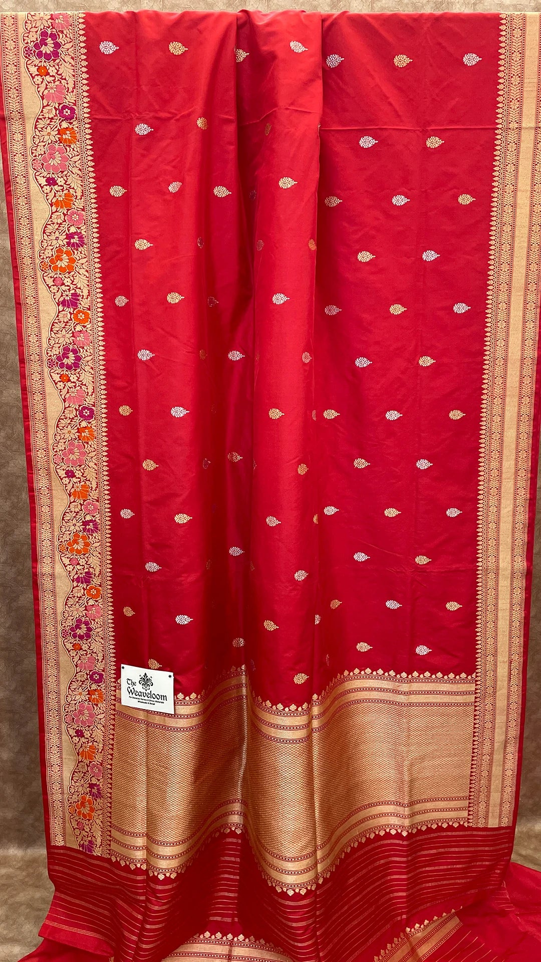 The Weaveloom red pure katan silk handloom Banarasi saree with meenakari border and sona rupa zari buti