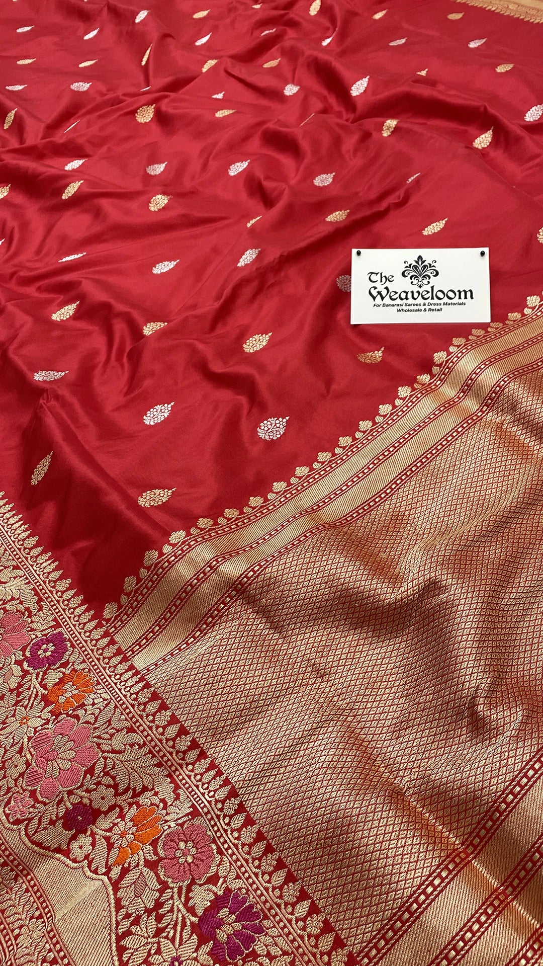 The Weaveloom red pure katan silk handloom Banarasi saree with meenakari border and sona rupa zari buti