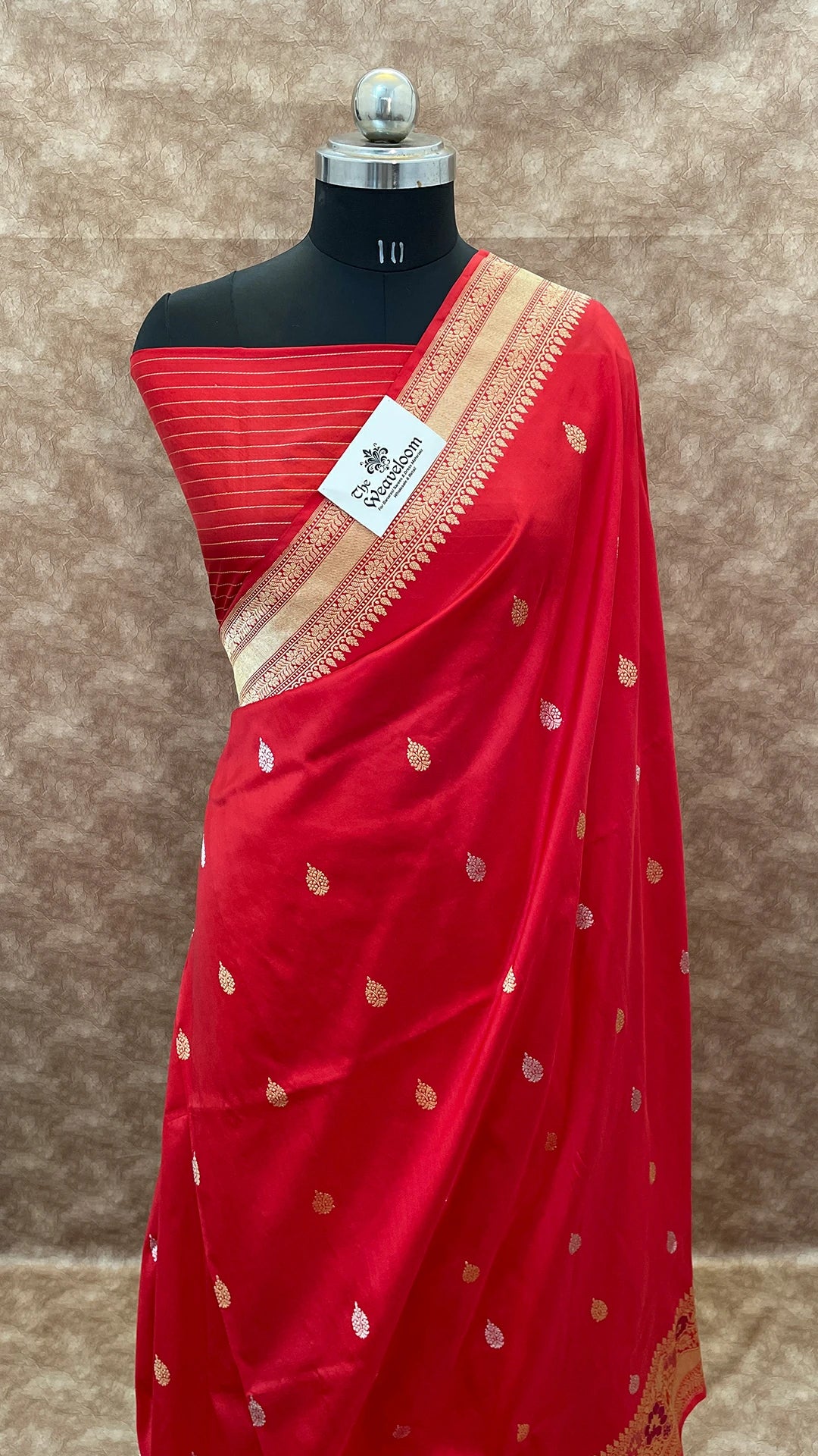 The Weaveloom red pure katan silk handloom Banarasi saree with meenakari border and sona rupa zari buti