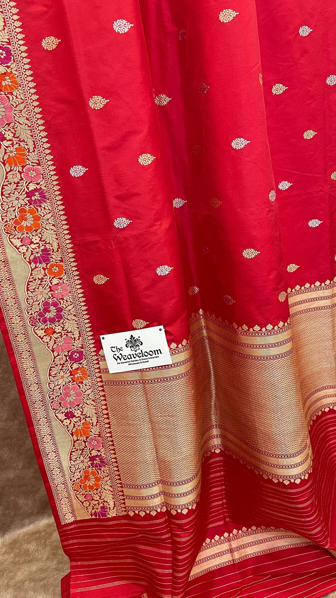 The Weaveloom red pure katan silk handloom Banarasi saree with meenakari border and sona rupa zari buti