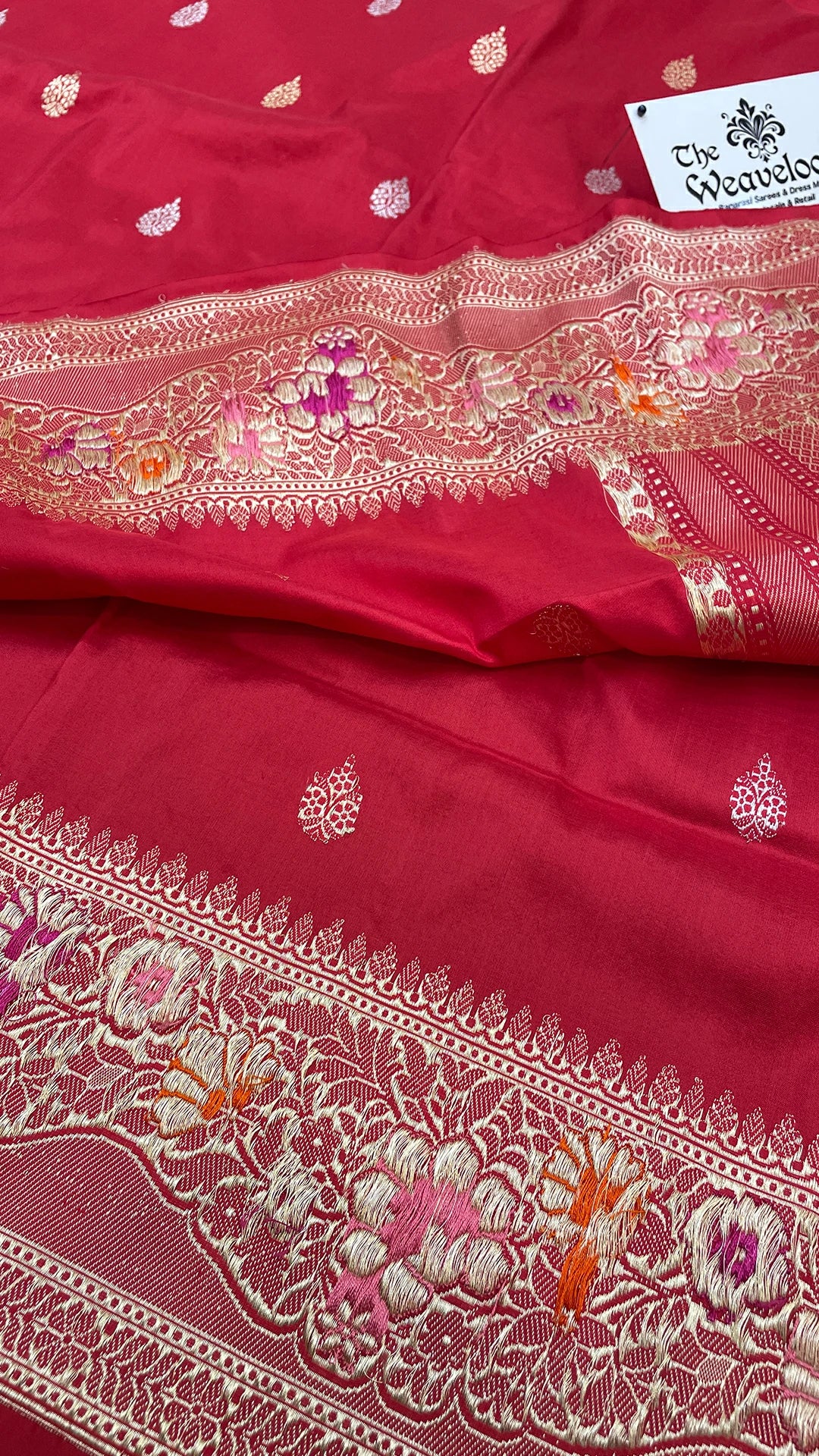 The Weaveloom red pure katan silk handloom Banarasi saree with meenakari border and sona rupa zari buti