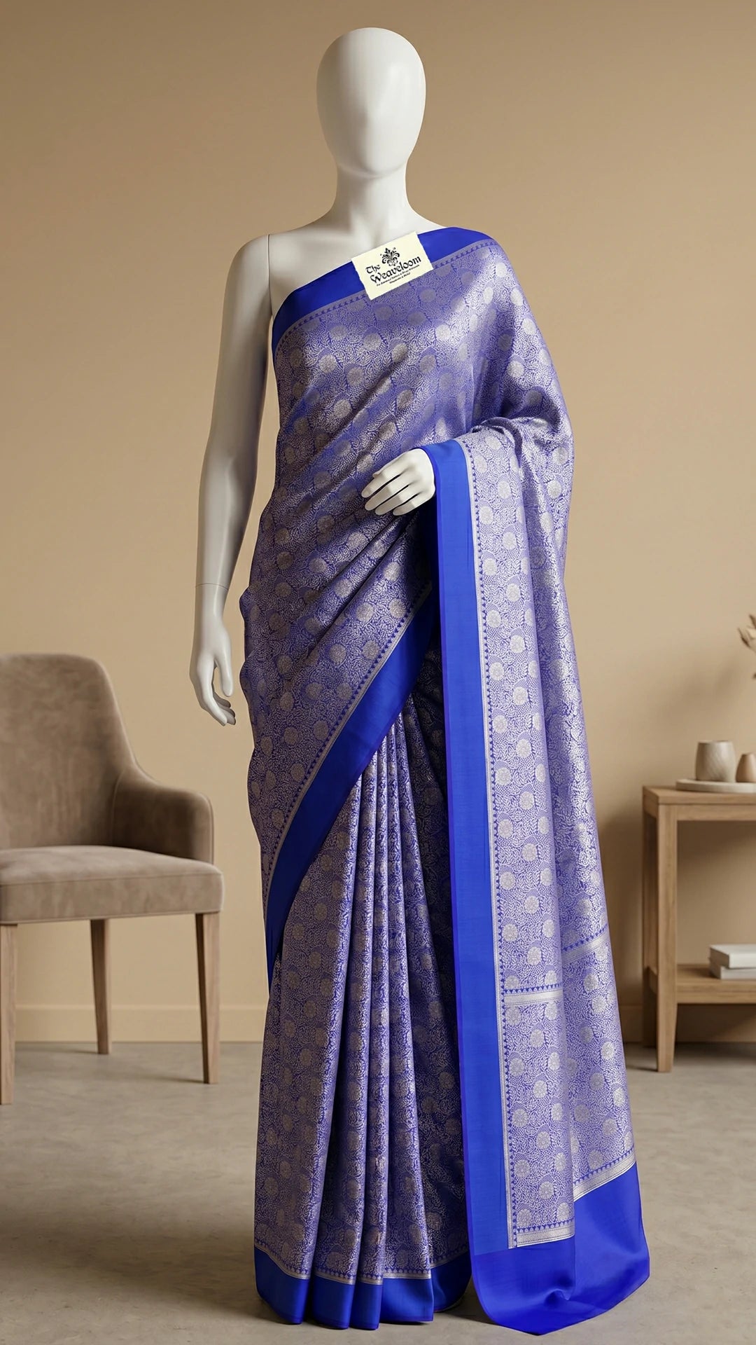 The Weaveloom Royal Blue Silver Brocade Floral Chiniya Silk Pure Banarasi Saree