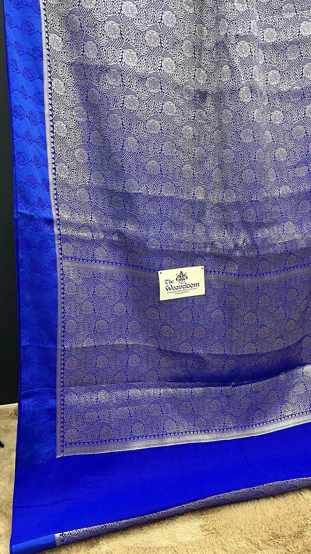 The Weaveloom Royal Blue Silver Brocade Floral Chiniya Silk Pure Banarasi Saree